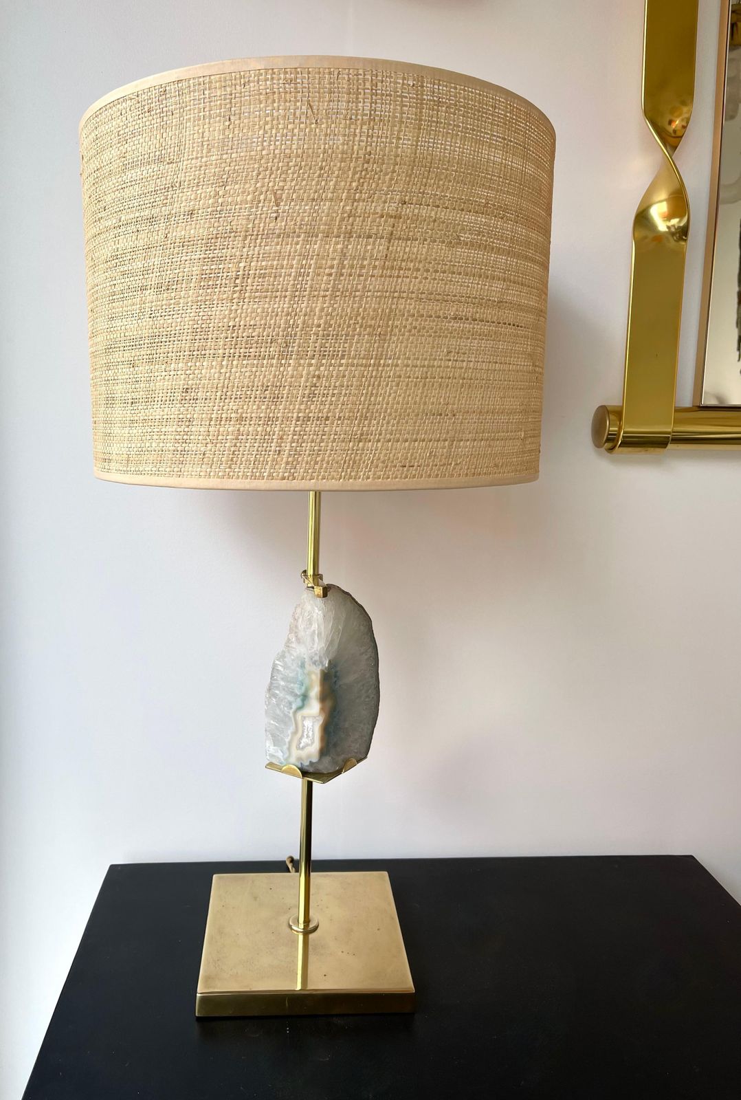 photo buy Contemporary Pair Of Brass Lamps Blue Agate Stone Rattan Shades. Italy