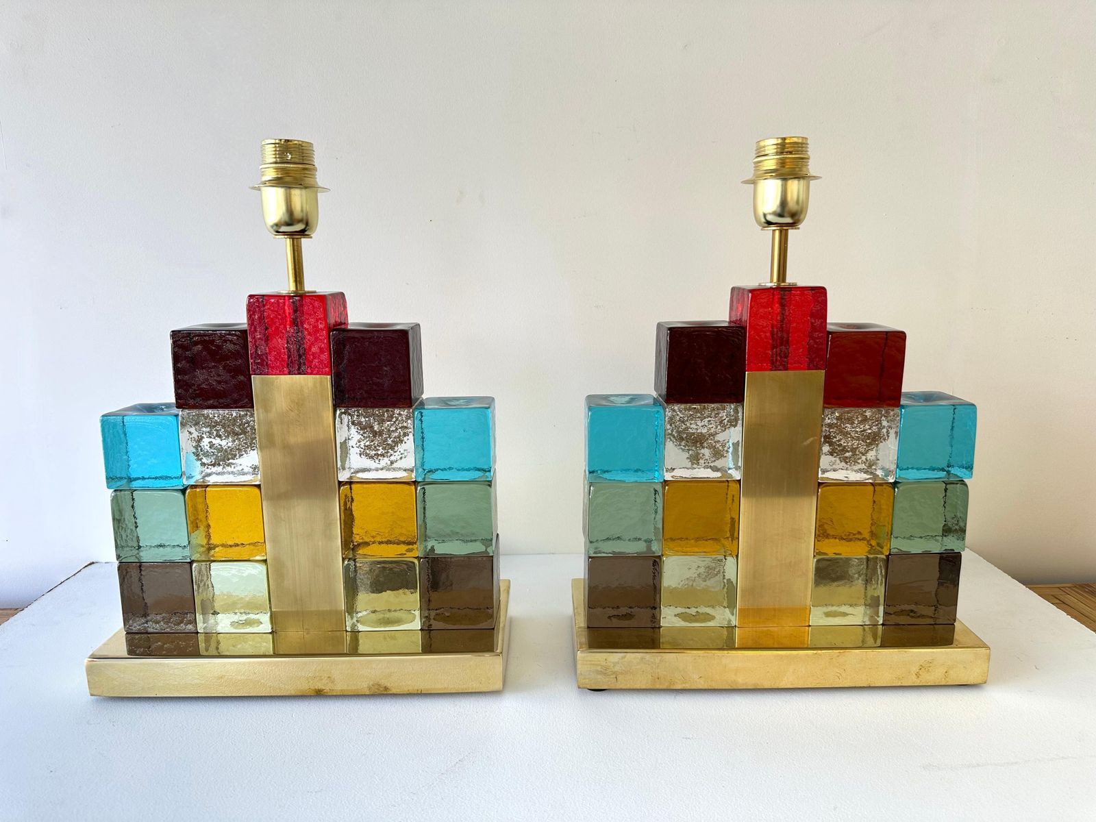 Contemporary Pair Of Lamps Multicolors Cubic Murano Glass And Brass, Italy photo vintage