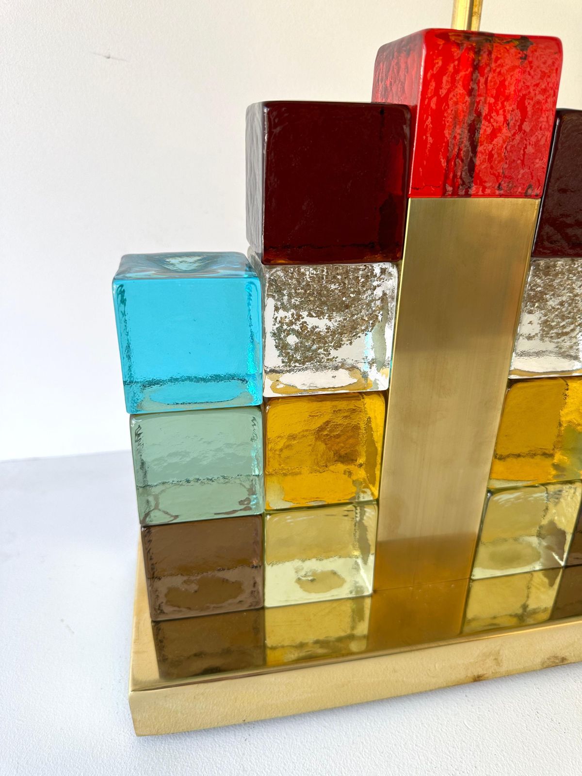 photo furniture Contemporary Pair Of Lamps Multicolors Cubic Murano Glass And Brass, Italy