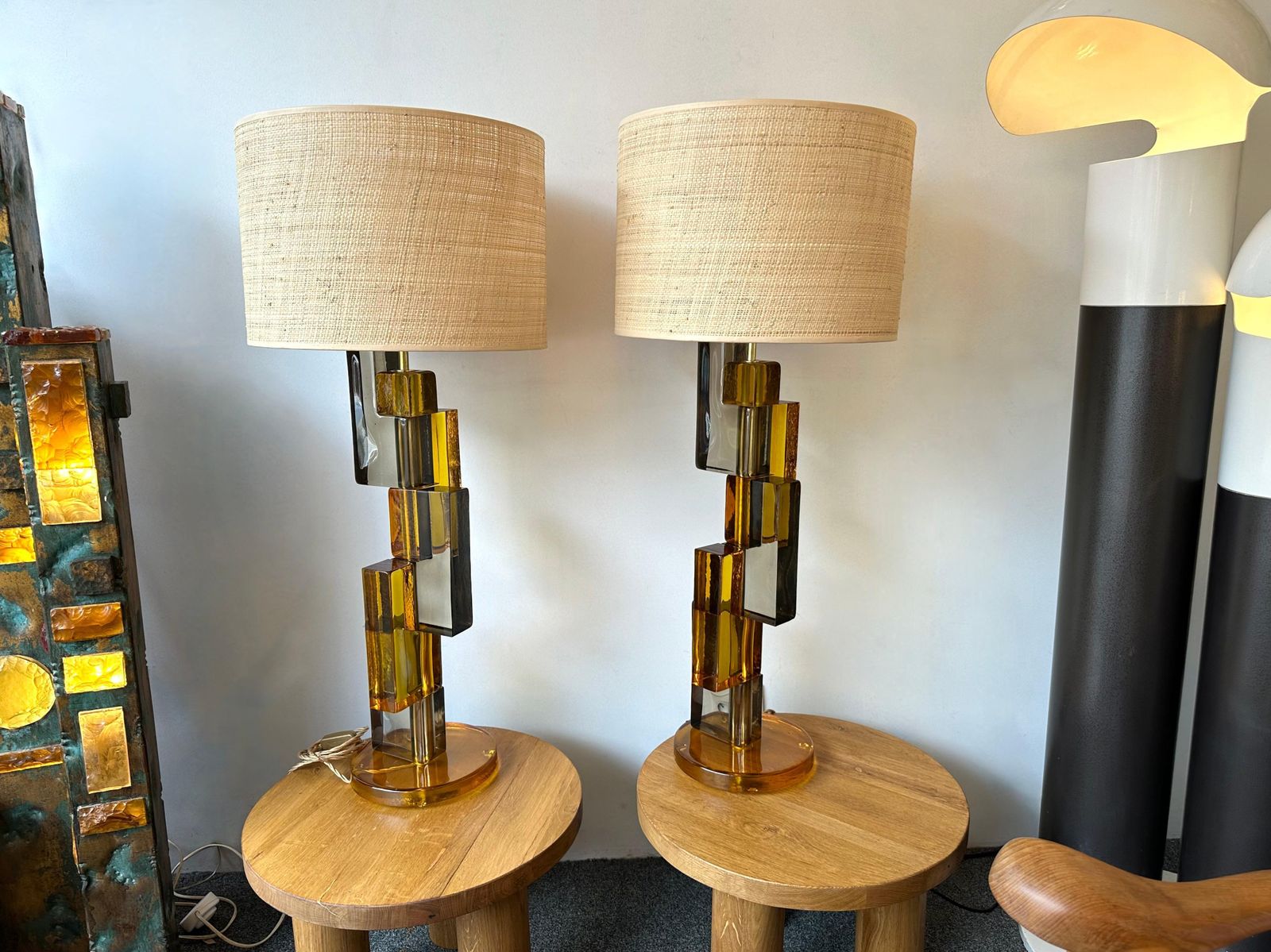 Contemporary Pair Of Lamps Amber Smoke Cubic Murano Glass And Brass, Italy photo 3592.0
