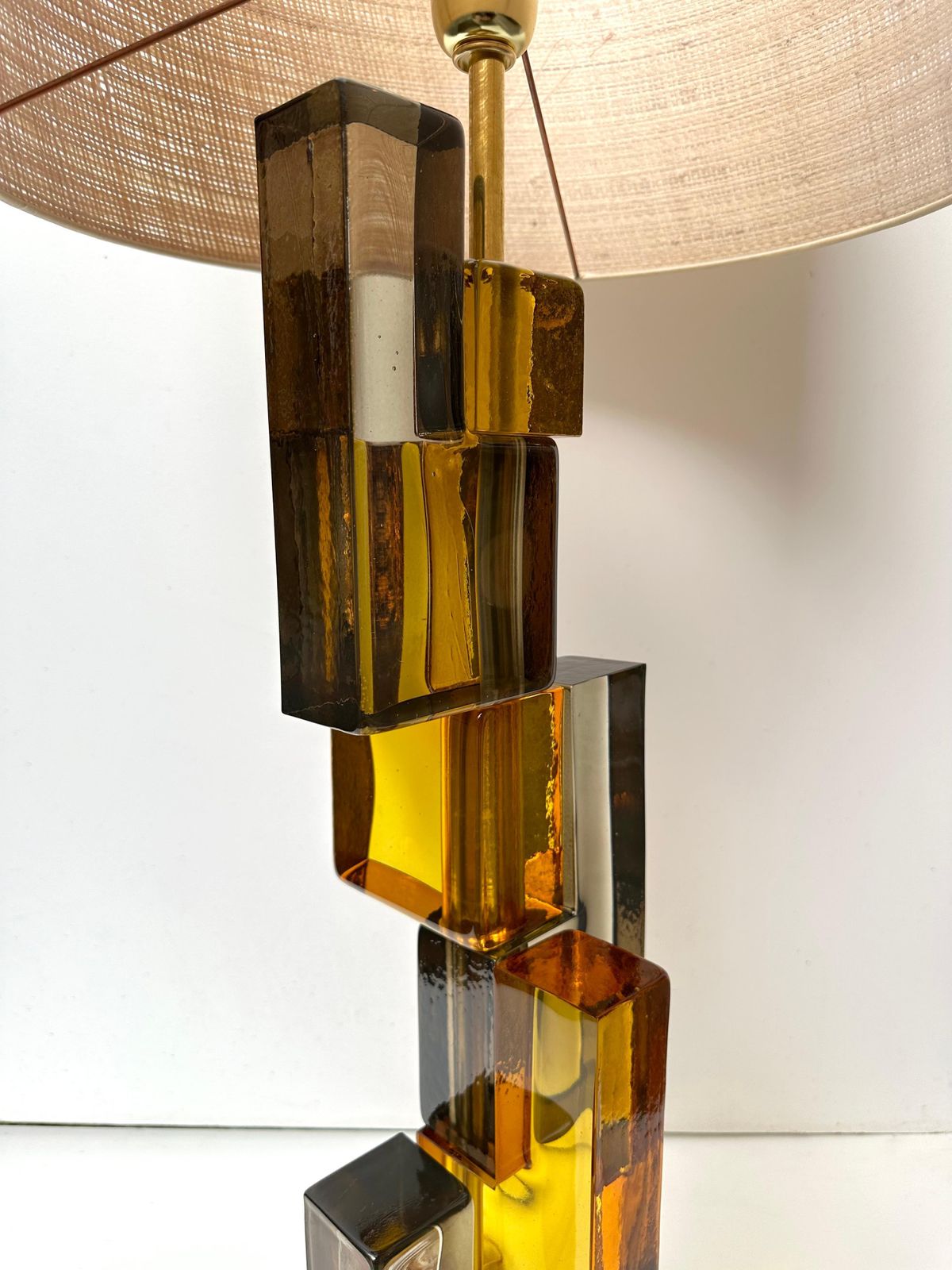 photo for sale Contemporary Pair Of Lamps Amber Smoke Cubic Murano Glass And Brass, Italy