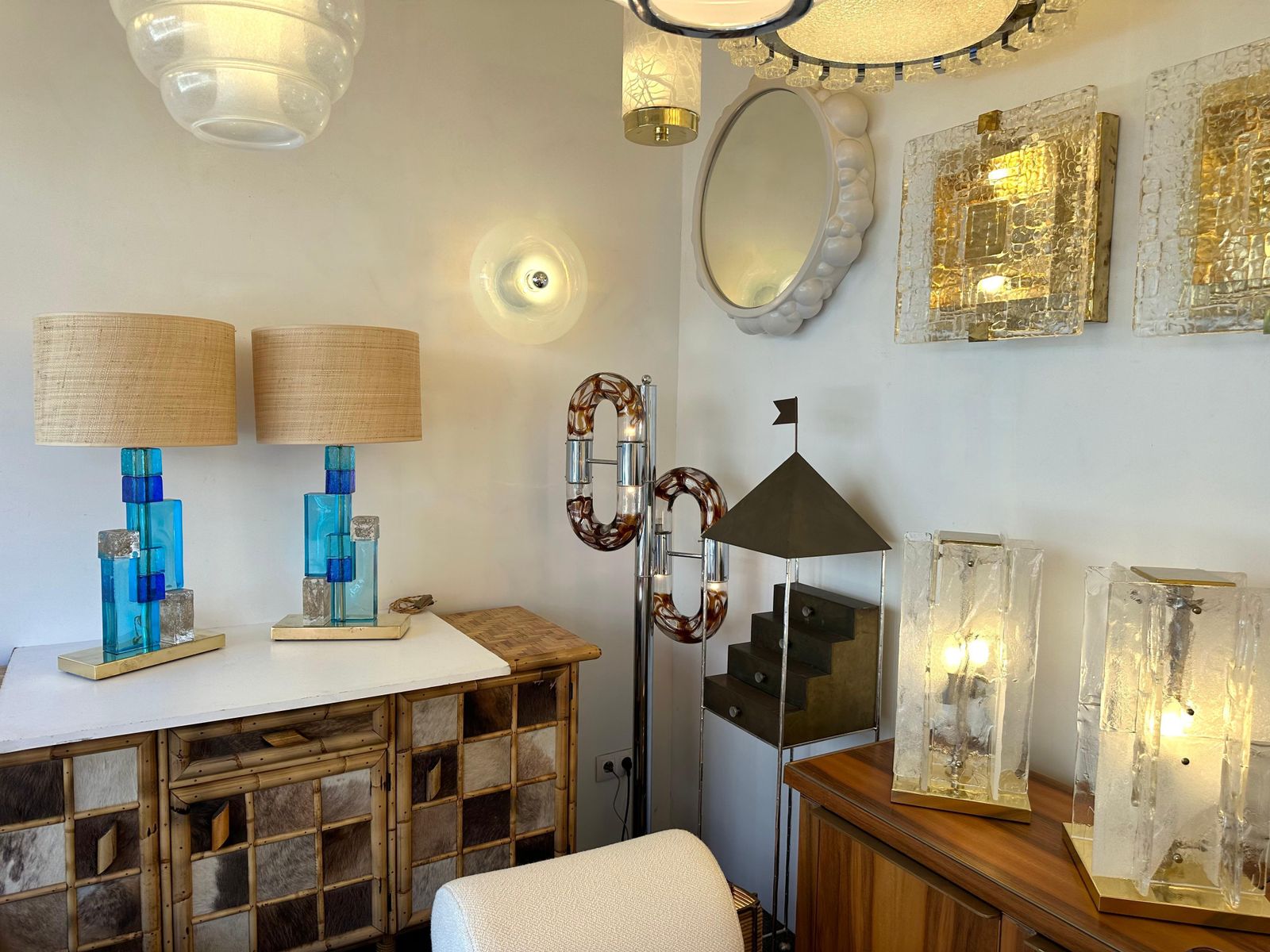 Contemporary Pair Of Lamps Blue Gold Powder Cubic Murano Glass And Brass, Italy photo for sale
