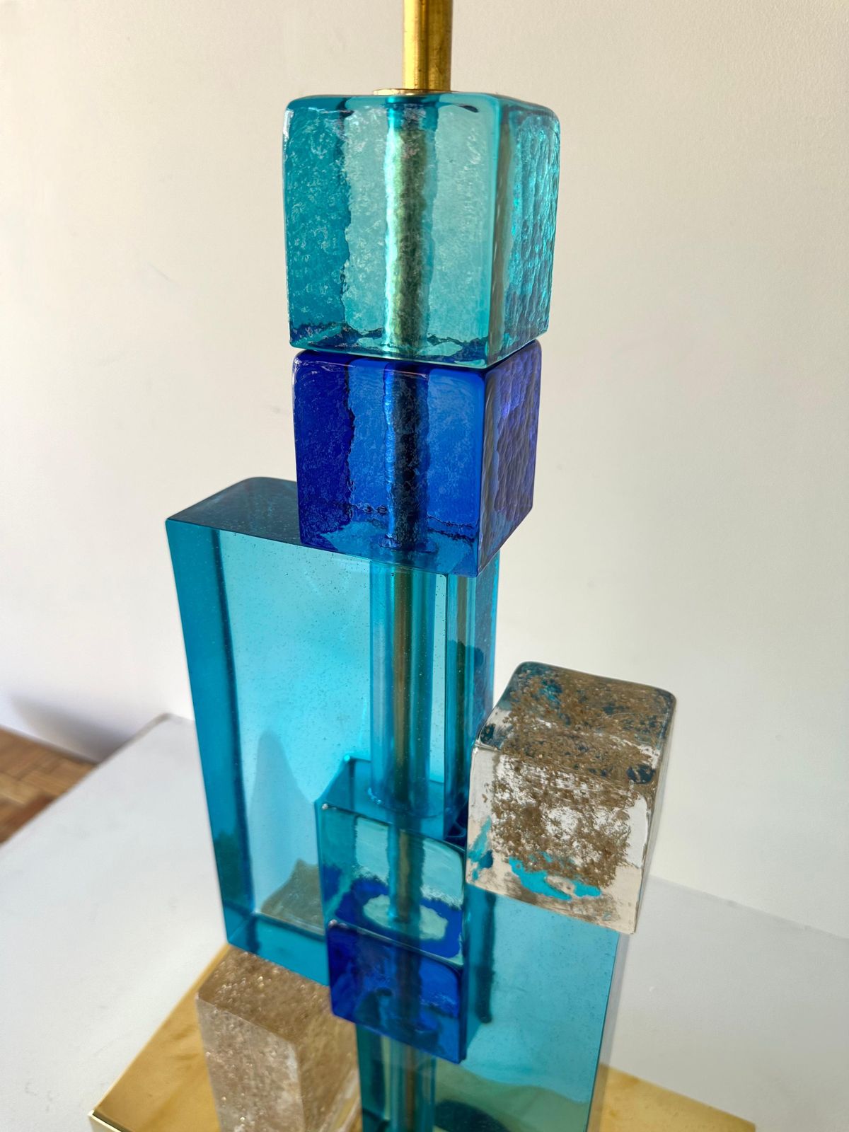 photo furniture Contemporary Pair Of Lamps Blue Gold Powder Cubic Murano Glass And Brass, Italy