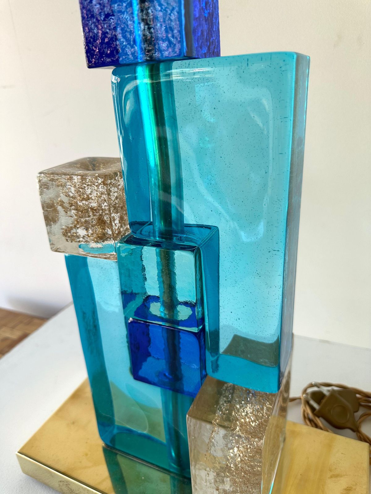 photo for sale Contemporary Pair Of Lamps Blue Gold Powder Cubic Murano Glass And Brass, Italy