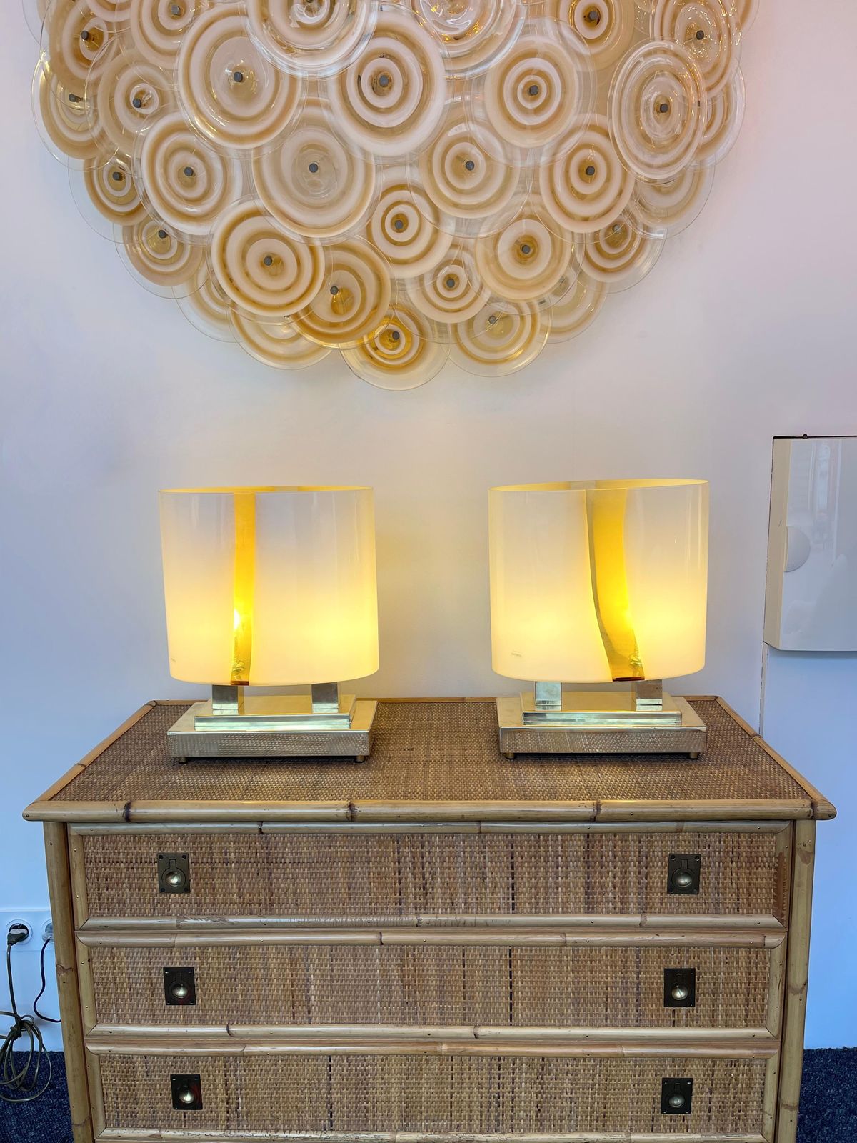 Contemporary Pair Of Brass And Yellow Murano Glass Vase Flame Lamps, Italy photo Lighting