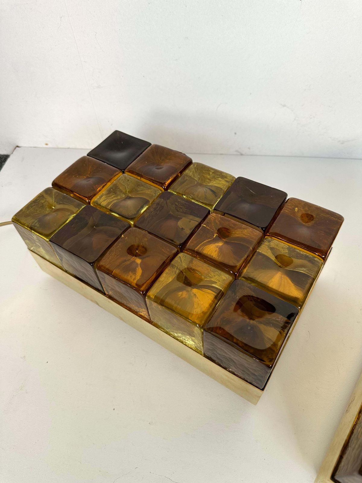 Contemporary Pair Of Brass And Murano Glass Cube Marquetry Lamps, Italy photo furniture