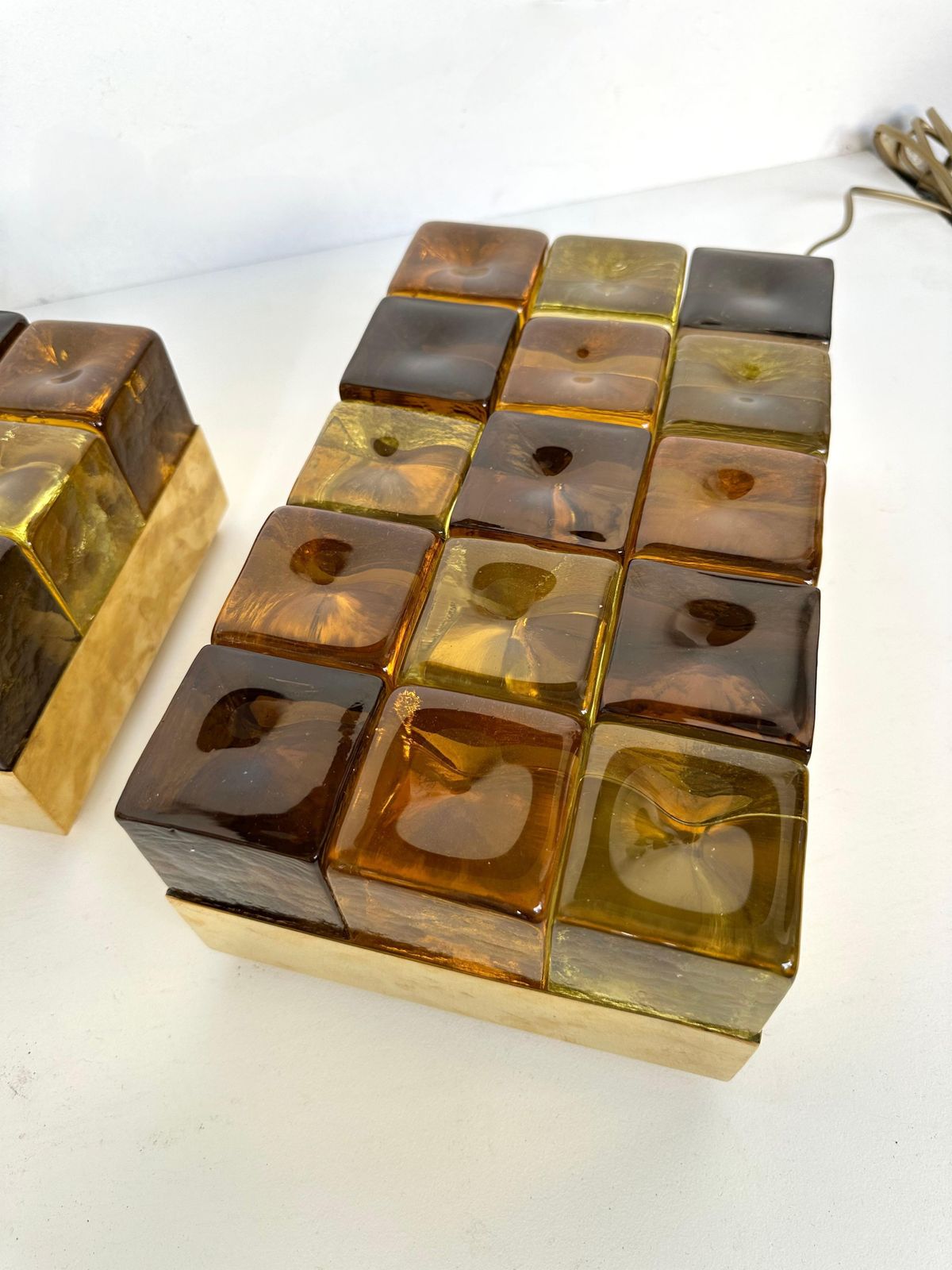 Contemporary Pair Of Brass And Murano Glass Cube Marquetry Lamps, Italy photo for sale