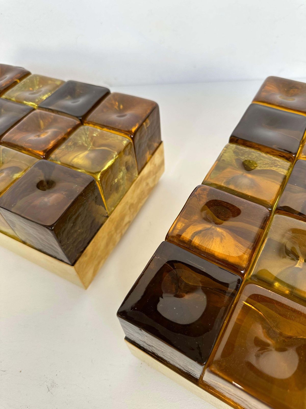 Contemporary Pair Of Brass And Murano Glass Cube Marquetry Lamps, Italy photo Lighting