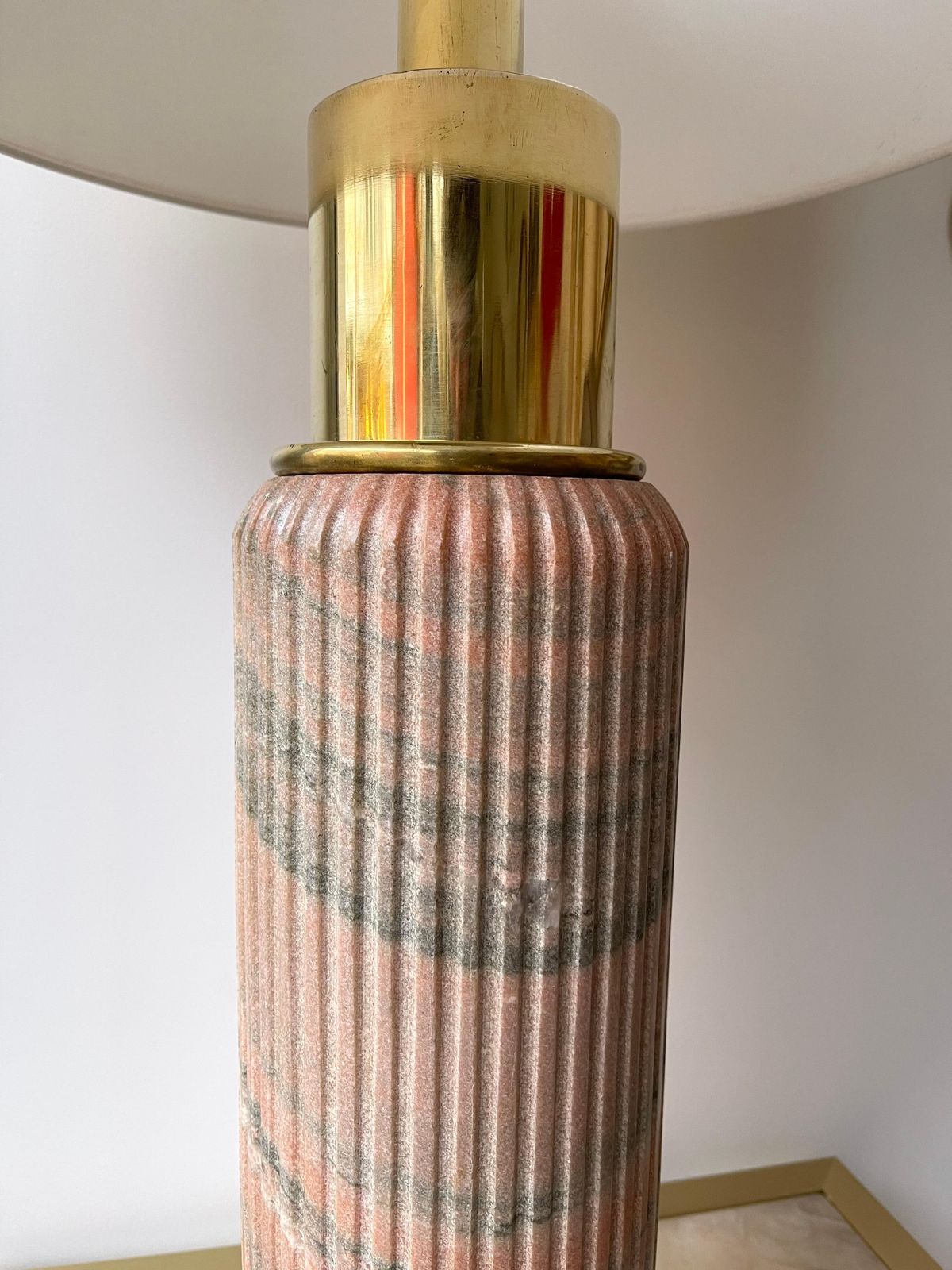 Contemporary Pair Of Brass Lamps Pink Granite Stone, Italy photo for sale