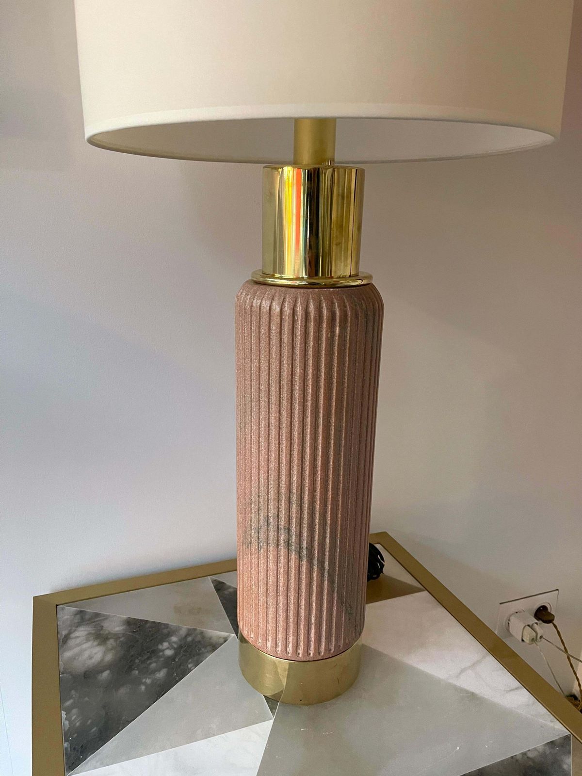 Contemporary Pair Of Brass Lamps Pink Granite Stone, Italy photo vinterior