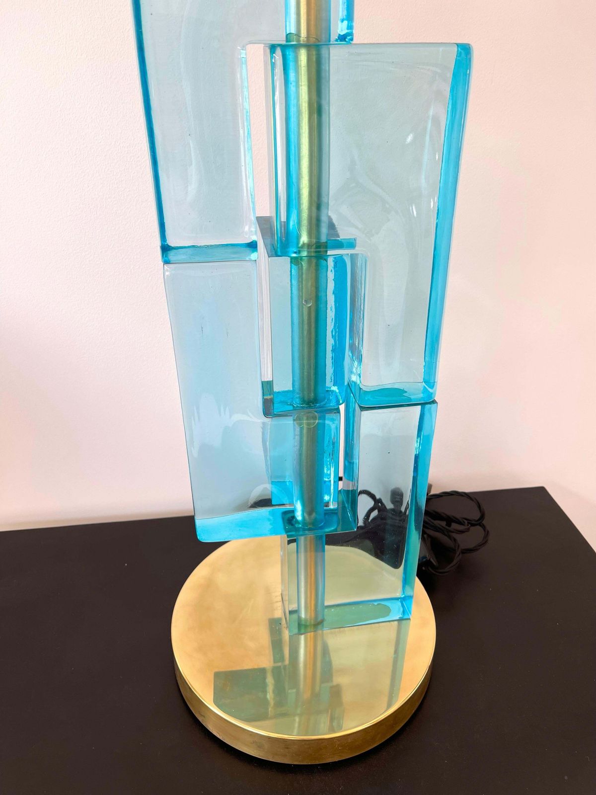 Contemporary Pair Of Lamps Blue Lagoon Cubic Murano Glass And Brass, Italy photo Lighting