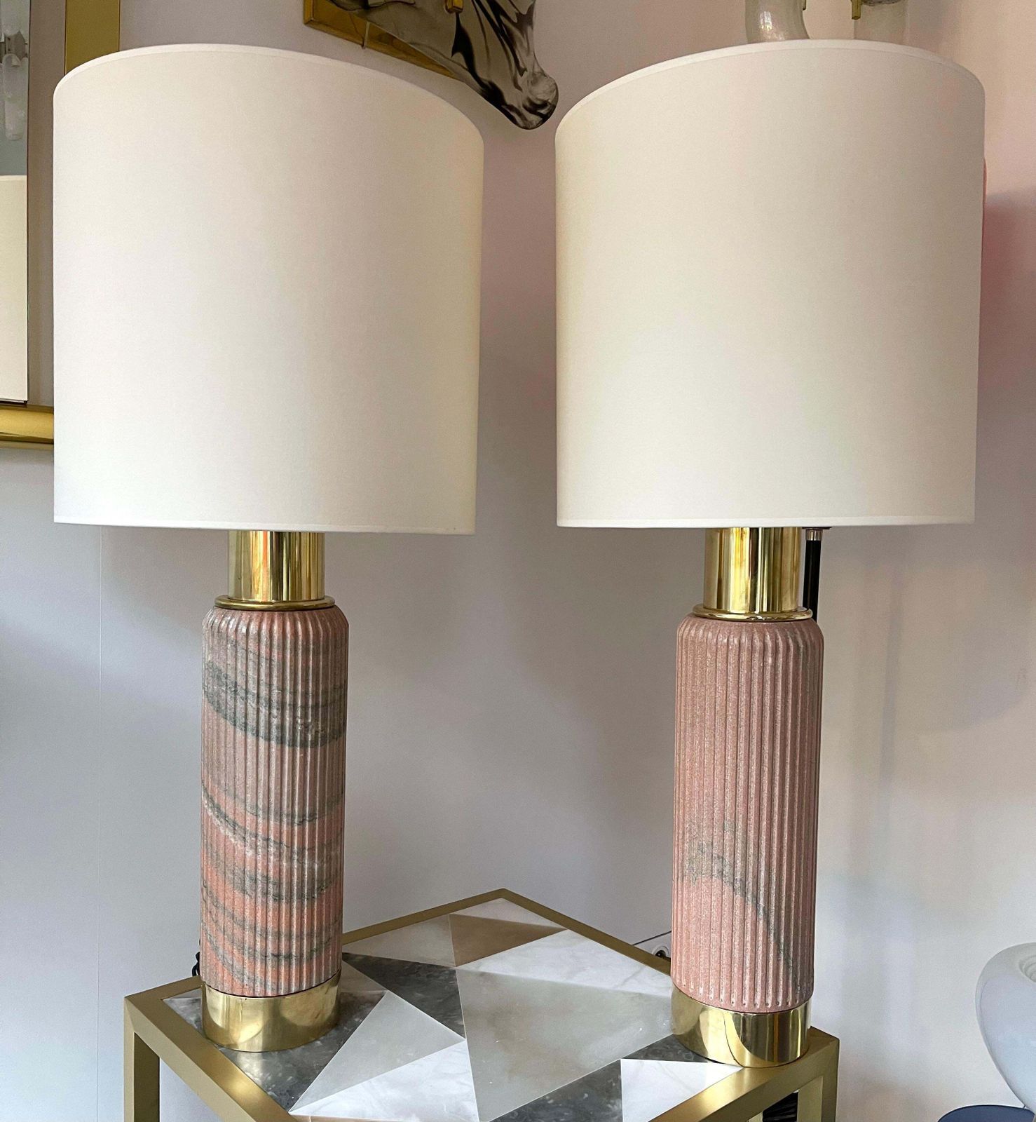 photo vintage Contemporary Pair Of Brass Lamps Pink Granite Stone, Italy