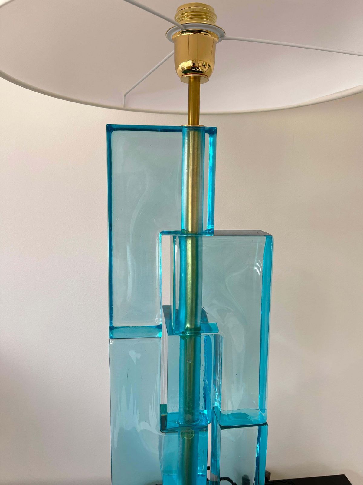 photo for sale Contemporary Pair Of Lamps Blue Lagoon Cubic Murano Glass And Brass, Italy