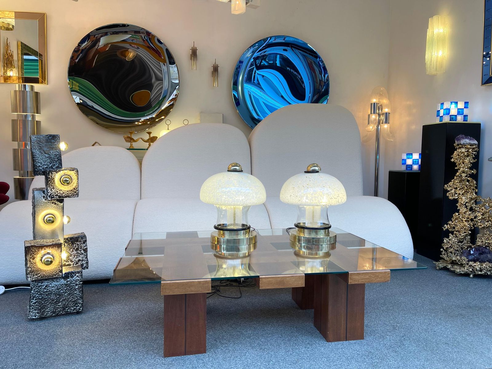 Lighting Contemporary Pair Of Murano Glass And Brass Mushroom Lamps. Italy photo