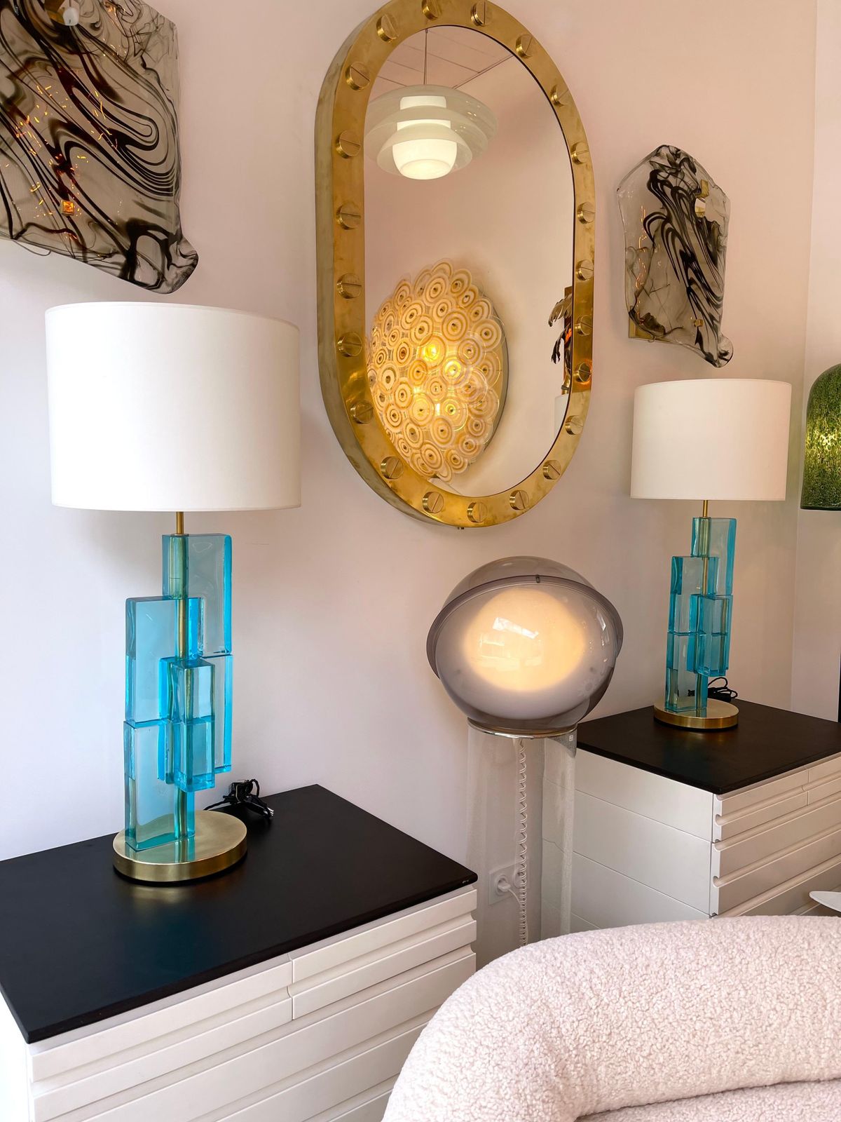 photo buy Contemporary Pair Of Lamps Blue Lagoon Cubic Murano Glass And Brass, Italy
