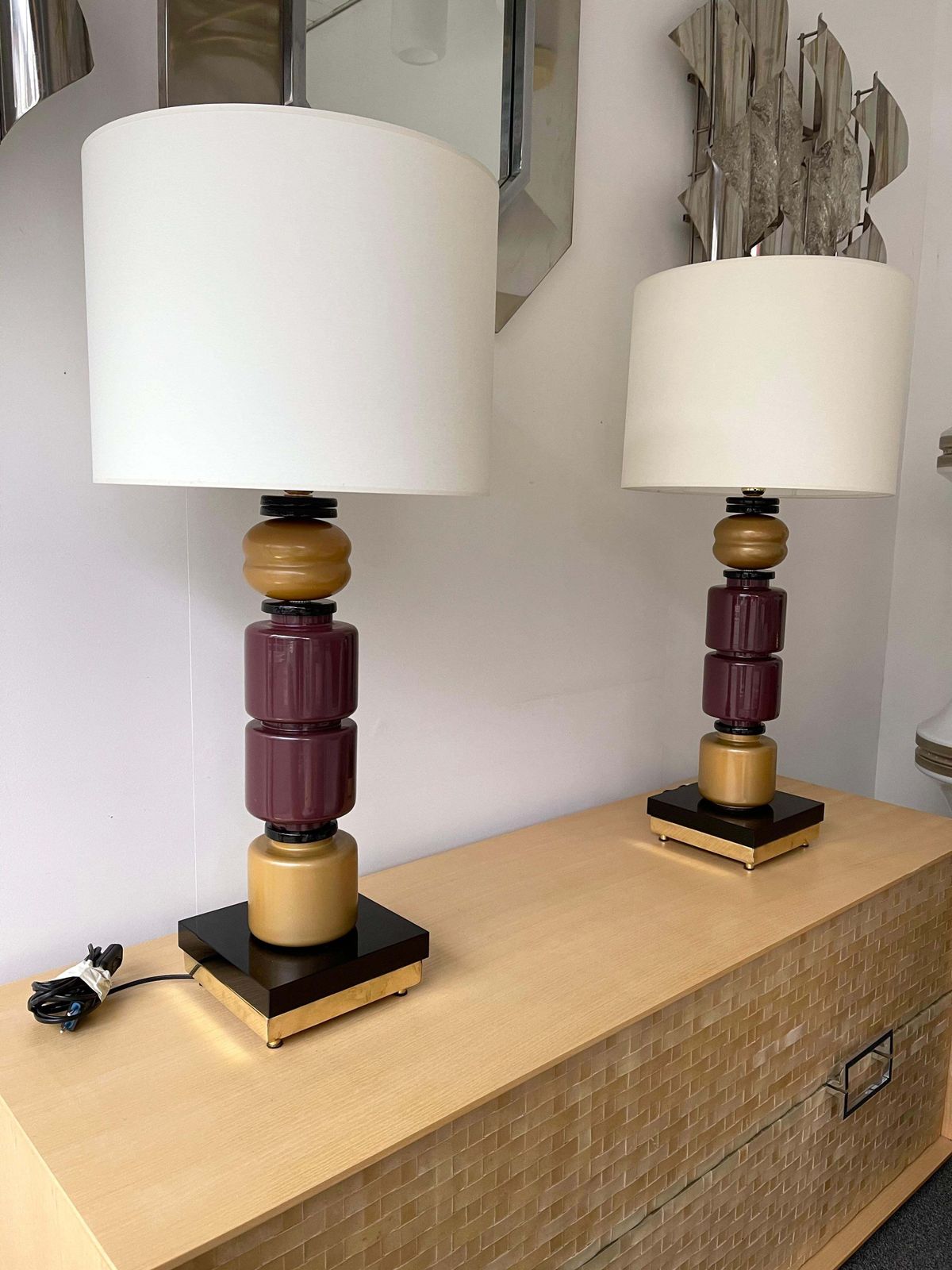 Contemporary Pair Of Brass Murano Glass Totem Lamps, Italy photo furniture