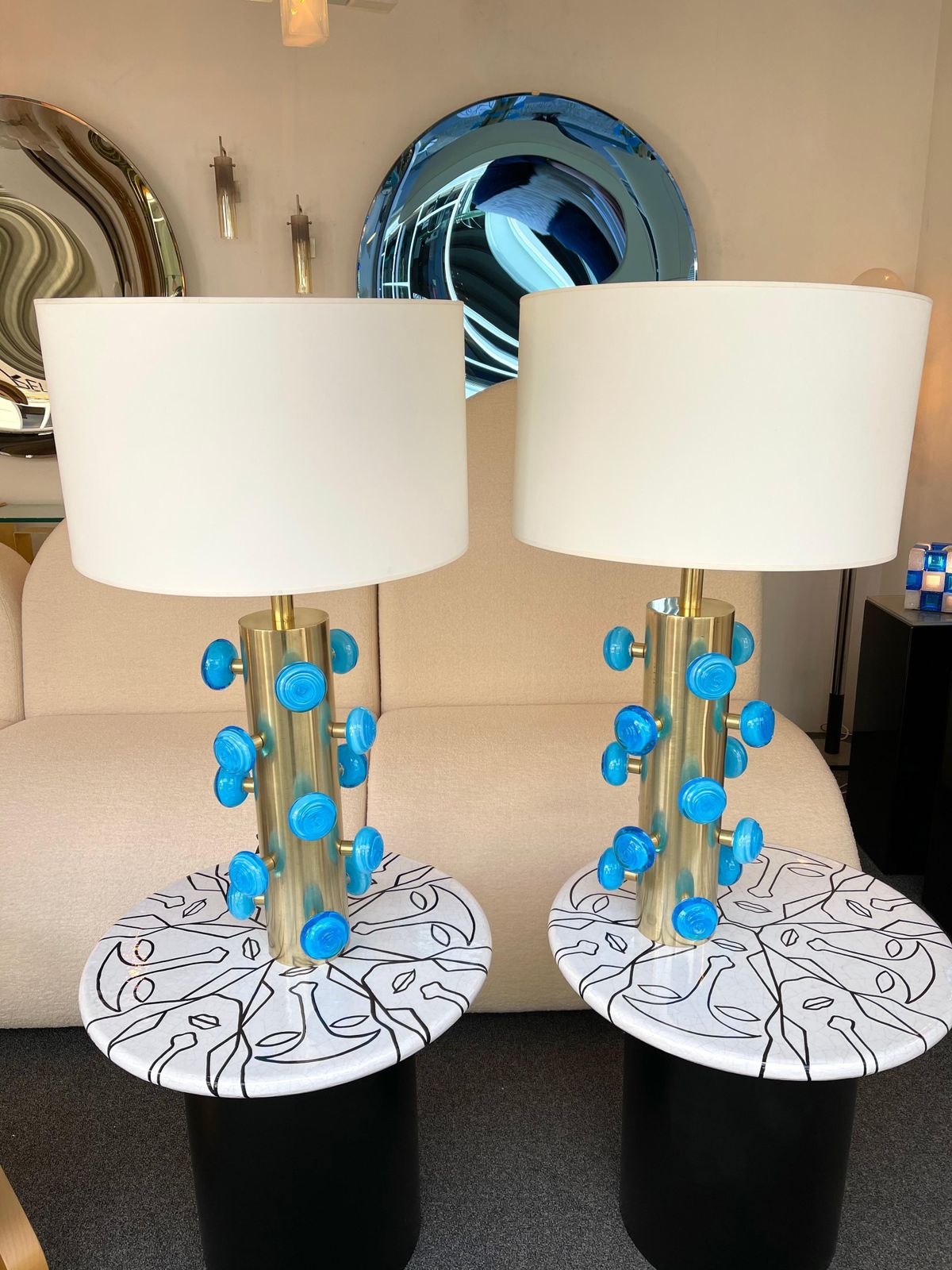 Lighting Contemporary Pair Of Brass And Blue Murano Glass Spiral Lamps, Italy photo