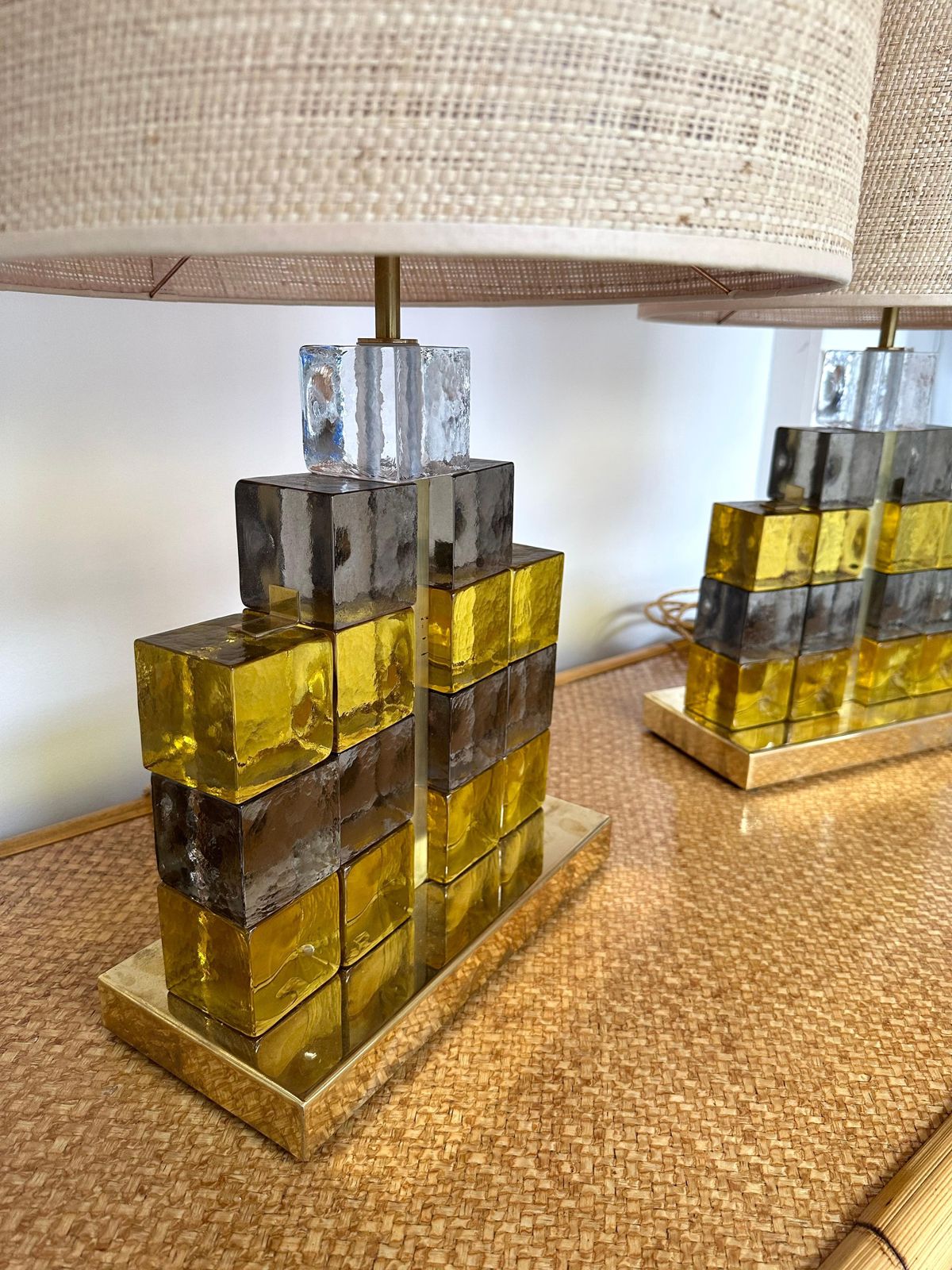 Contemporary Pair Of Brass Lamps Cube Murano Glass Construction, Italy photo for sale