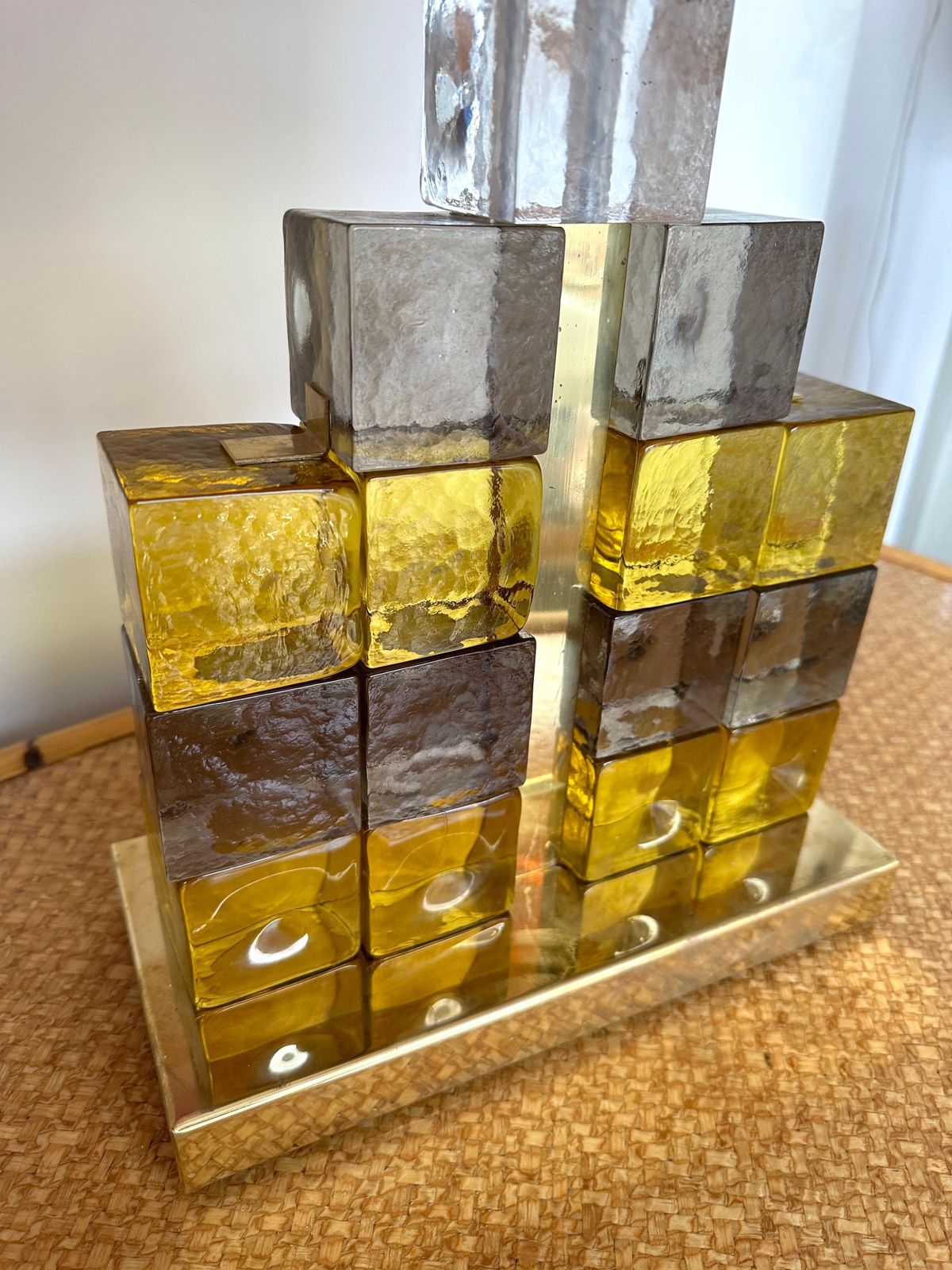 Contemporary Pair Of Brass Lamps Cube Murano Glass Construction, Italy photo buy