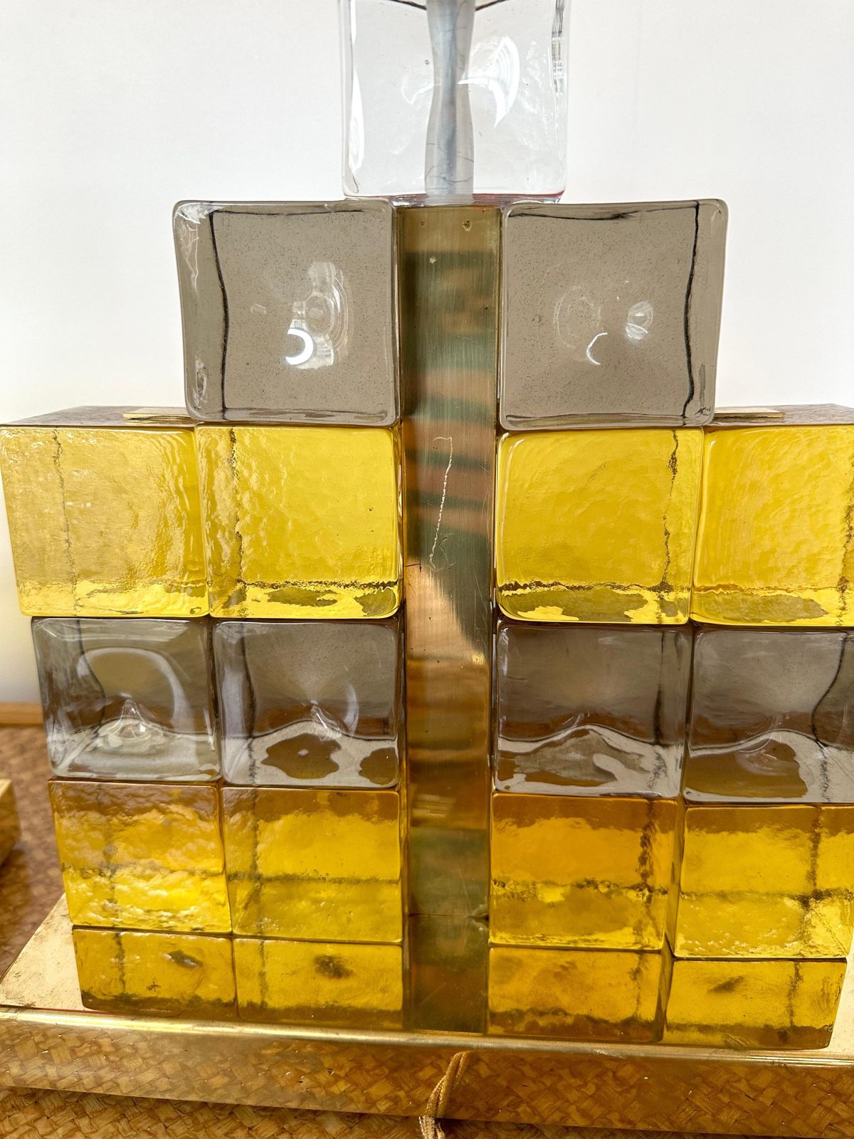 3592.0 Contemporary Pair Of Brass Lamps Cube Murano Glass Construction, Italy photo