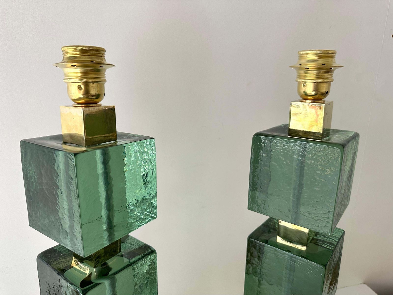 photo for sale Contemporary Pair Of Brass And Green Murano Glass Cube Lamps, Italy