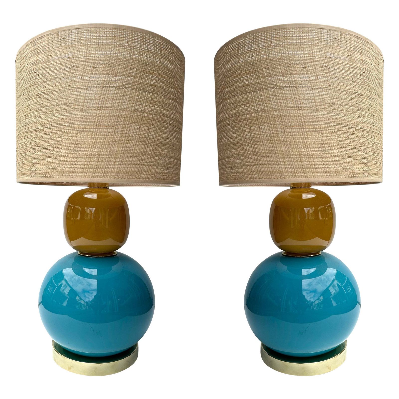 Contemporary Pair Of Brass And Colored Bulb Murano Glass Lamps, Italy