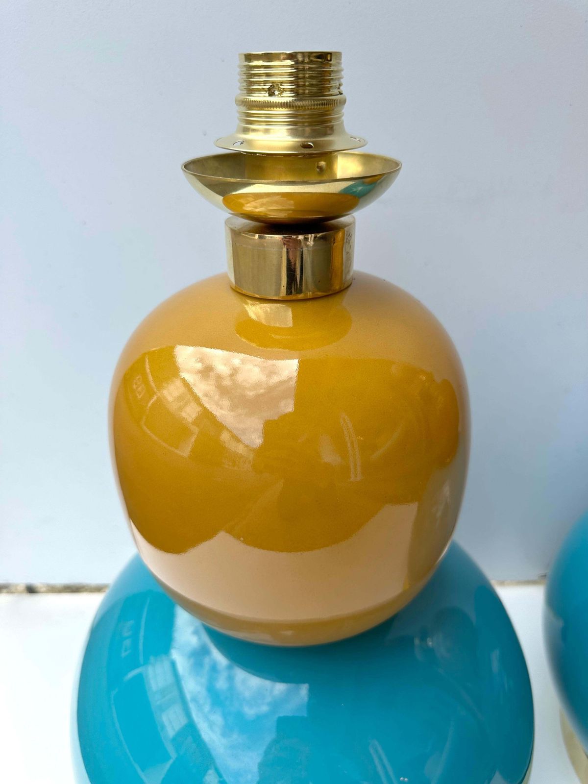 Contemporary Pair Of Brass And Colored Bulb Murano Glass Lamps, Italy photo vintage