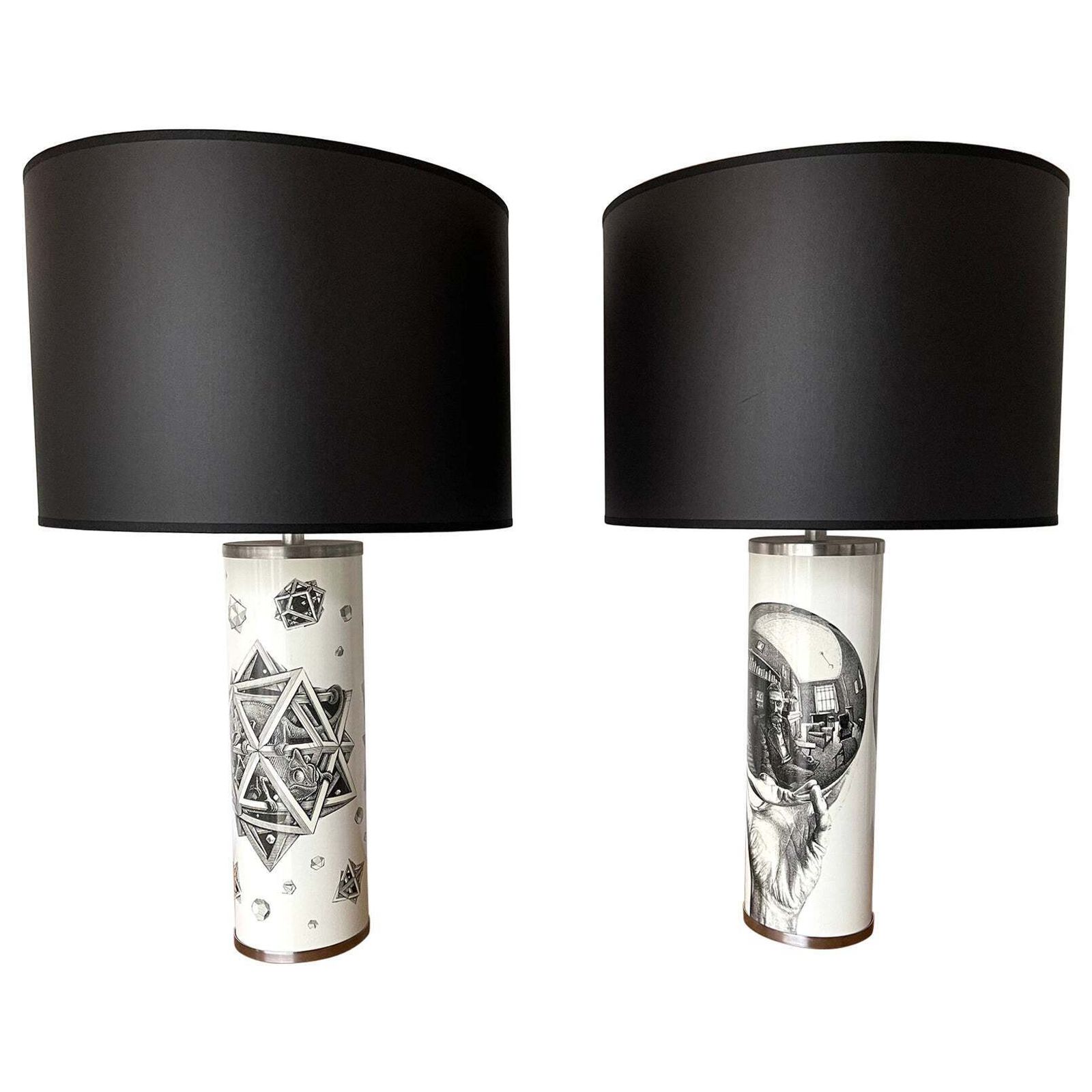 Pair Of Lamps Black And White Mc Maurits Cornelis Escher. Italy, 1980s