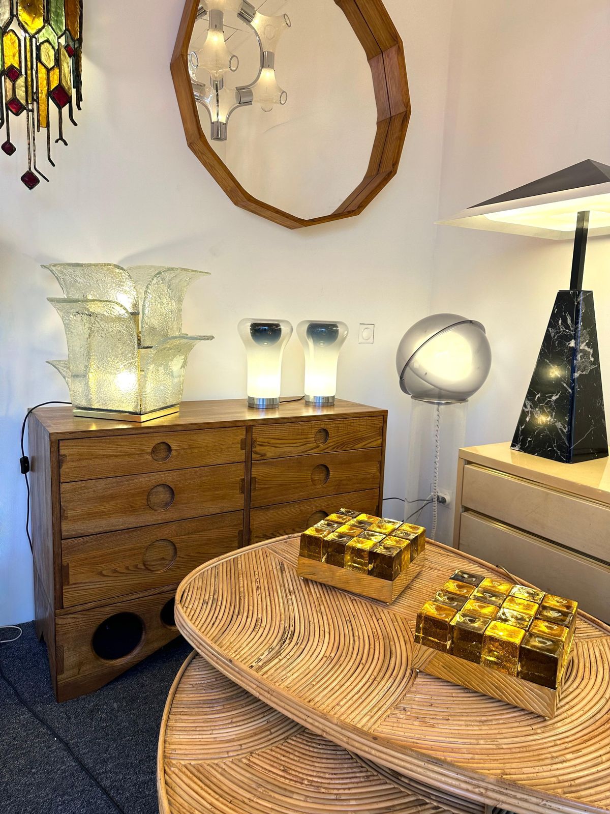 Contemporary Pair Of Brass And Murano Glass Cube Marquetry Lamps, Italy photo for sale