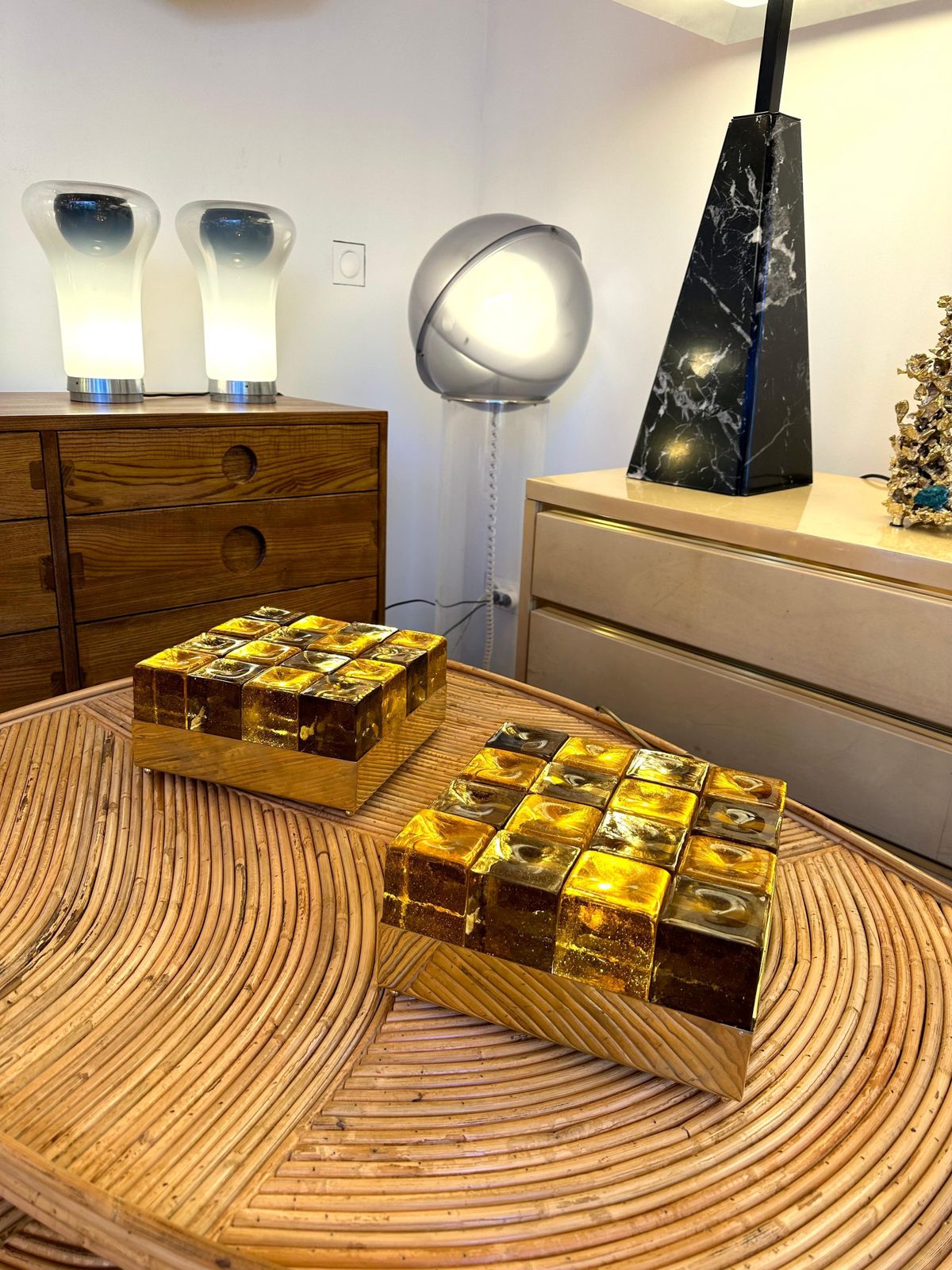 Contemporary Pair Of Brass And Murano Glass Cube Marquetry Lamps, Italy photo vinterior
