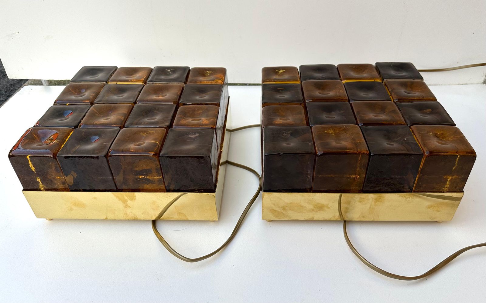 photo vinterior Contemporary Pair Of Brass And Murano Glass Cube Marquetry Lamps, Italy