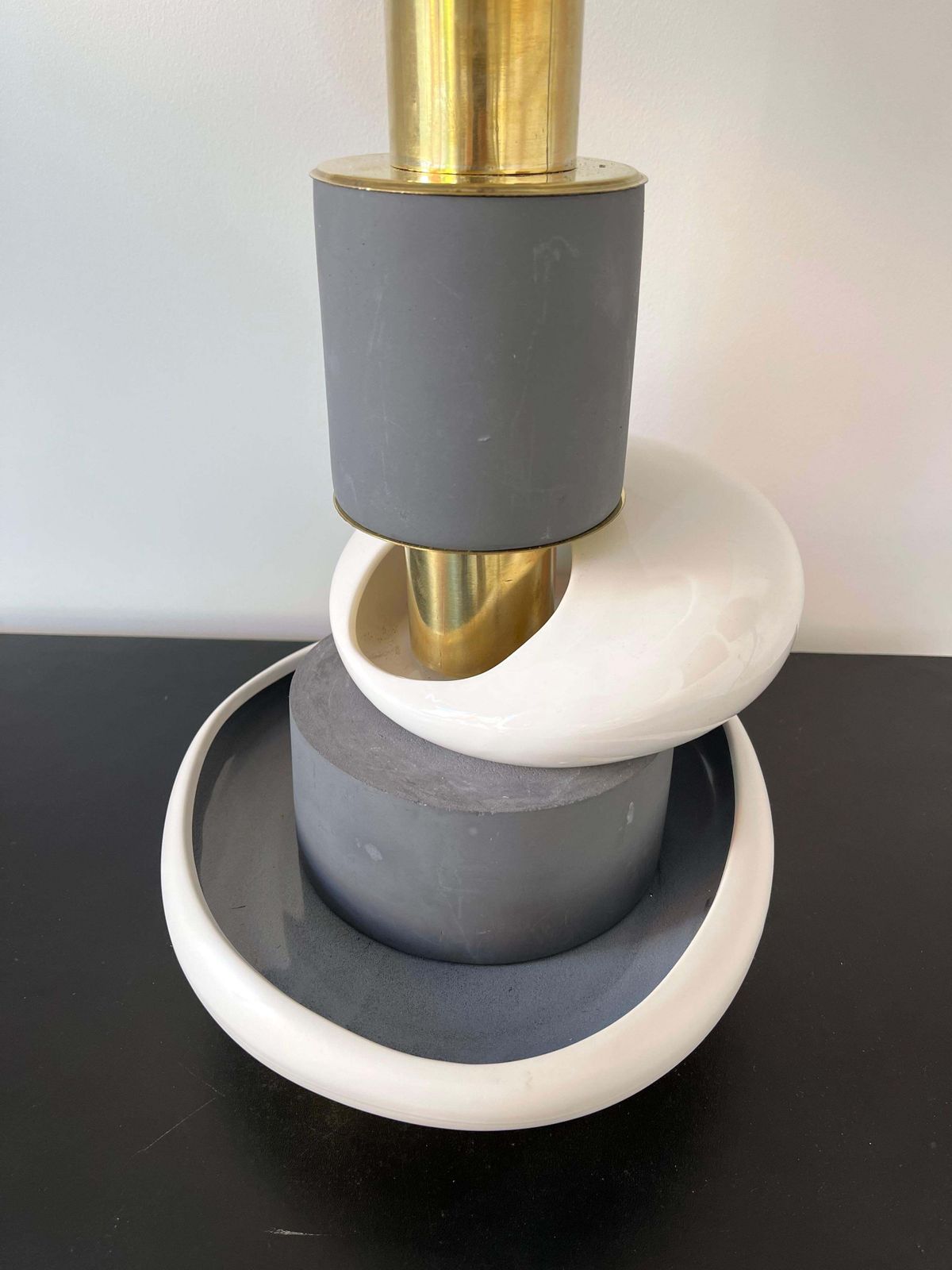 Lighting Contemporary Pair Of Sculptural Brass Ceramic Stone Lamps, Italy photo