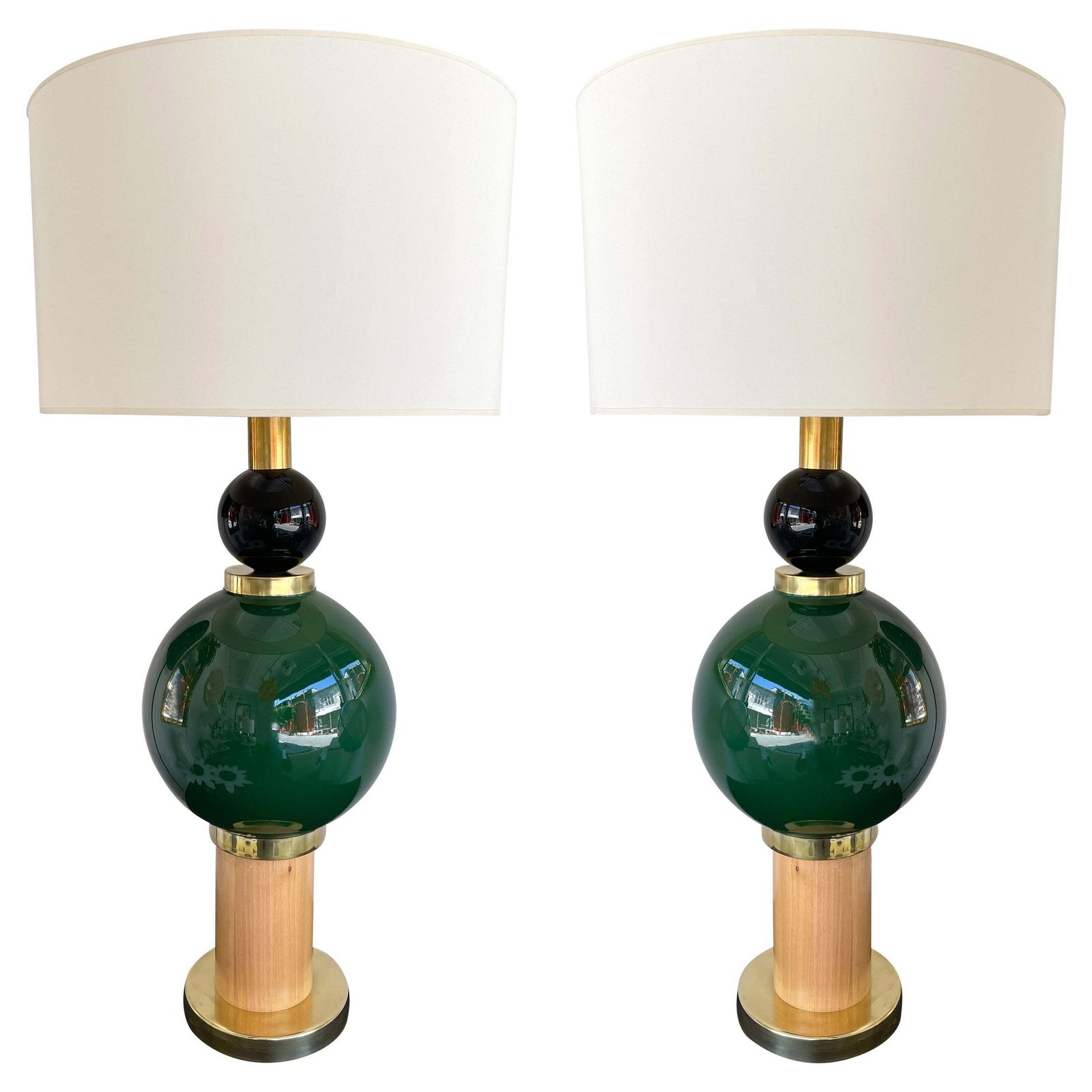 Contemporary Pair Of Brass Murano Glass And Wood Lamps, Italy