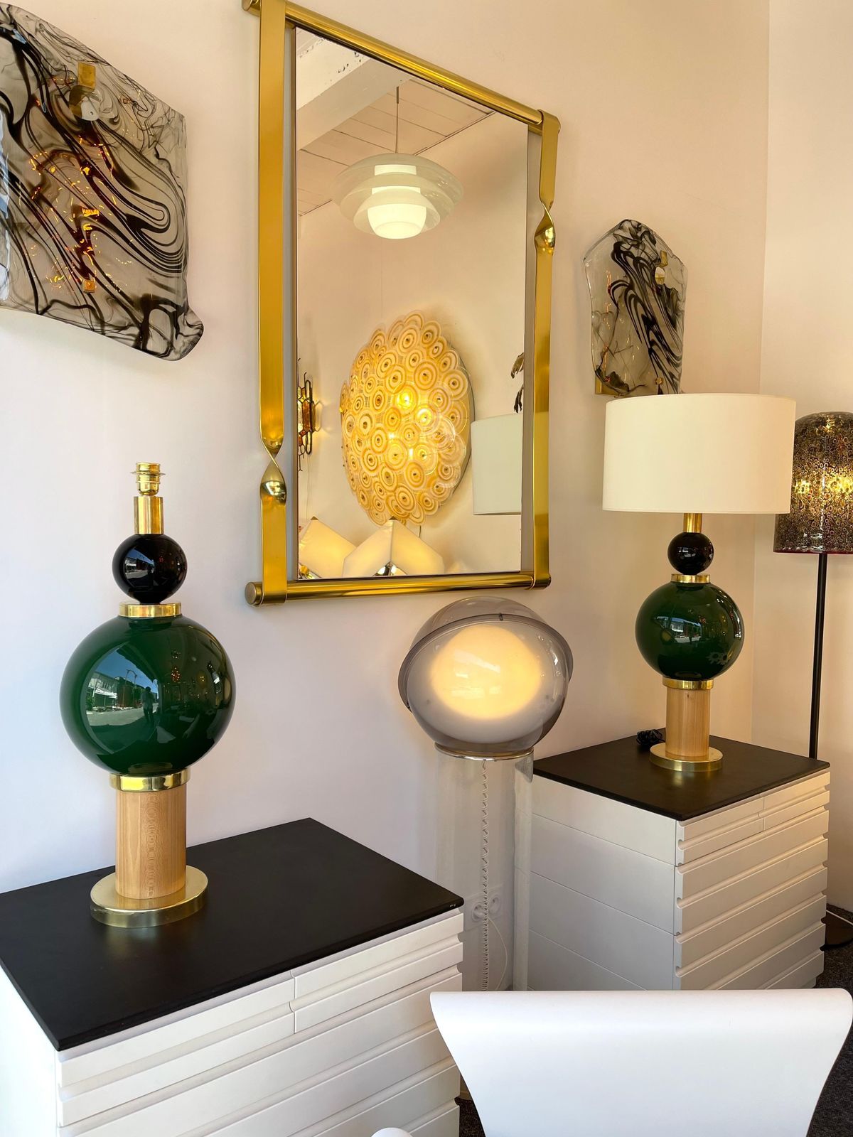 Contemporary Pair Of Brass Murano Glass And Wood Lamps, Italy photo for sale