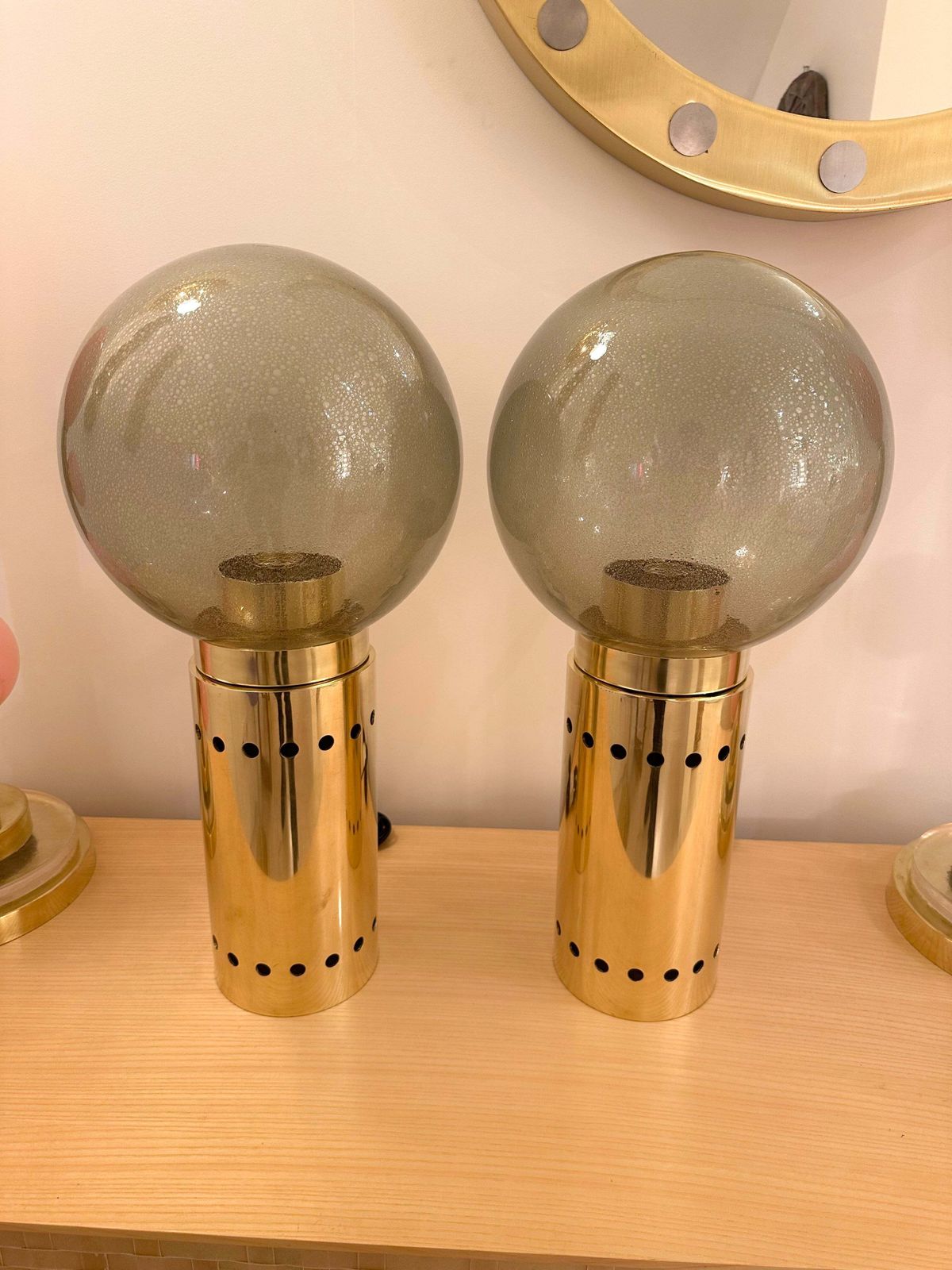 Contemporary Pair Of Brass And Gray Murano Glass Globe Lamps, Italy photo furniture
