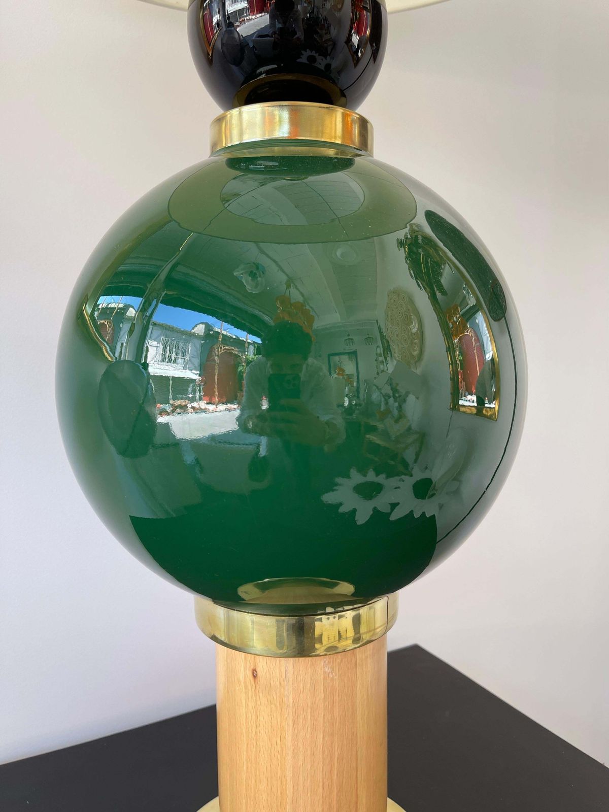 Lighting Contemporary Pair Of Brass Murano Glass And Wood Lamps, Italy photo