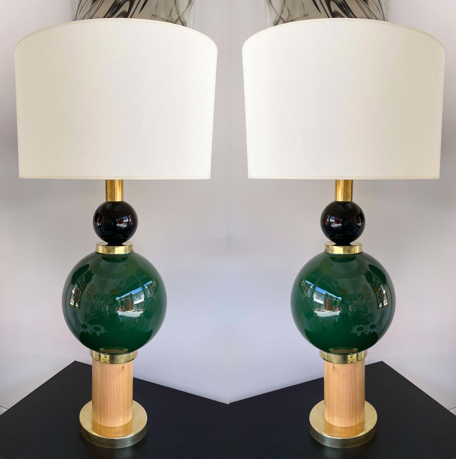 3849.0 Contemporary Pair Of Brass Murano Glass And Wood Lamps, Italy photo
