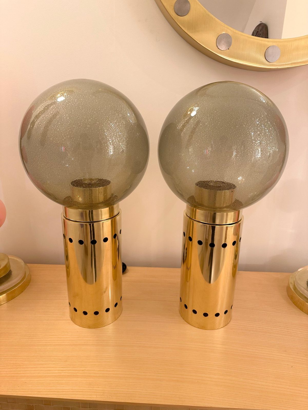 Contemporary Pair Of Brass And Gray Murano Glass Globe Lamps, Italy photo Lighting