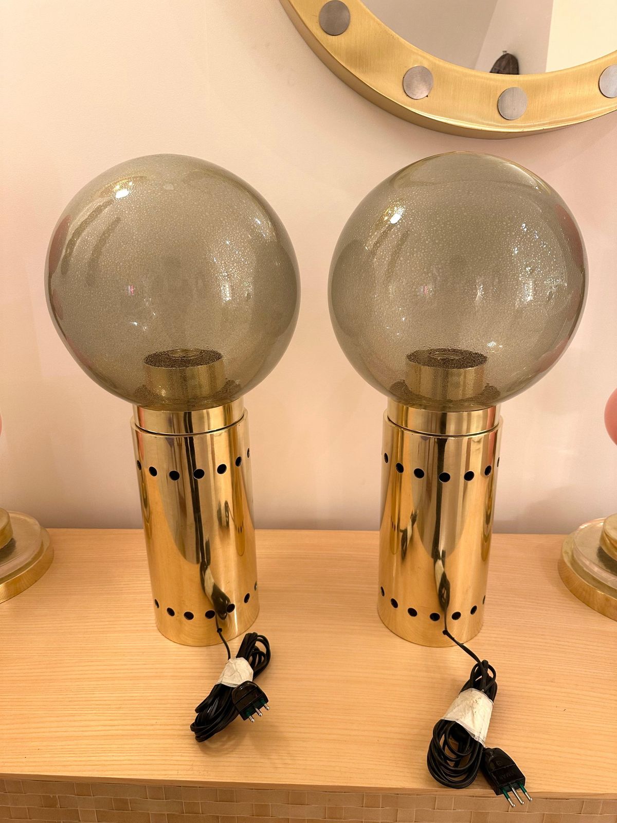 Lighting Contemporary Pair Of Brass And Gray Murano Glass Globe Lamps, Italy photo