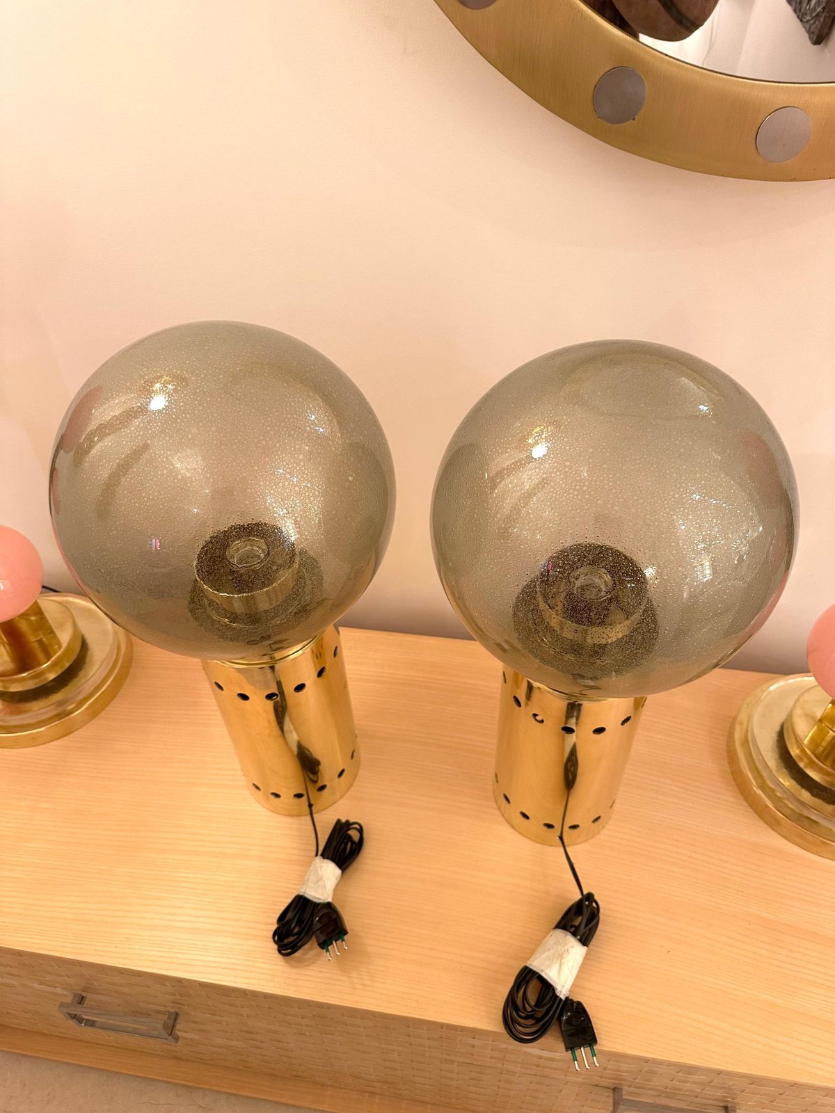3935.0 Contemporary Pair Of Brass And Gray Murano Glass Globe Lamps, Italy photo