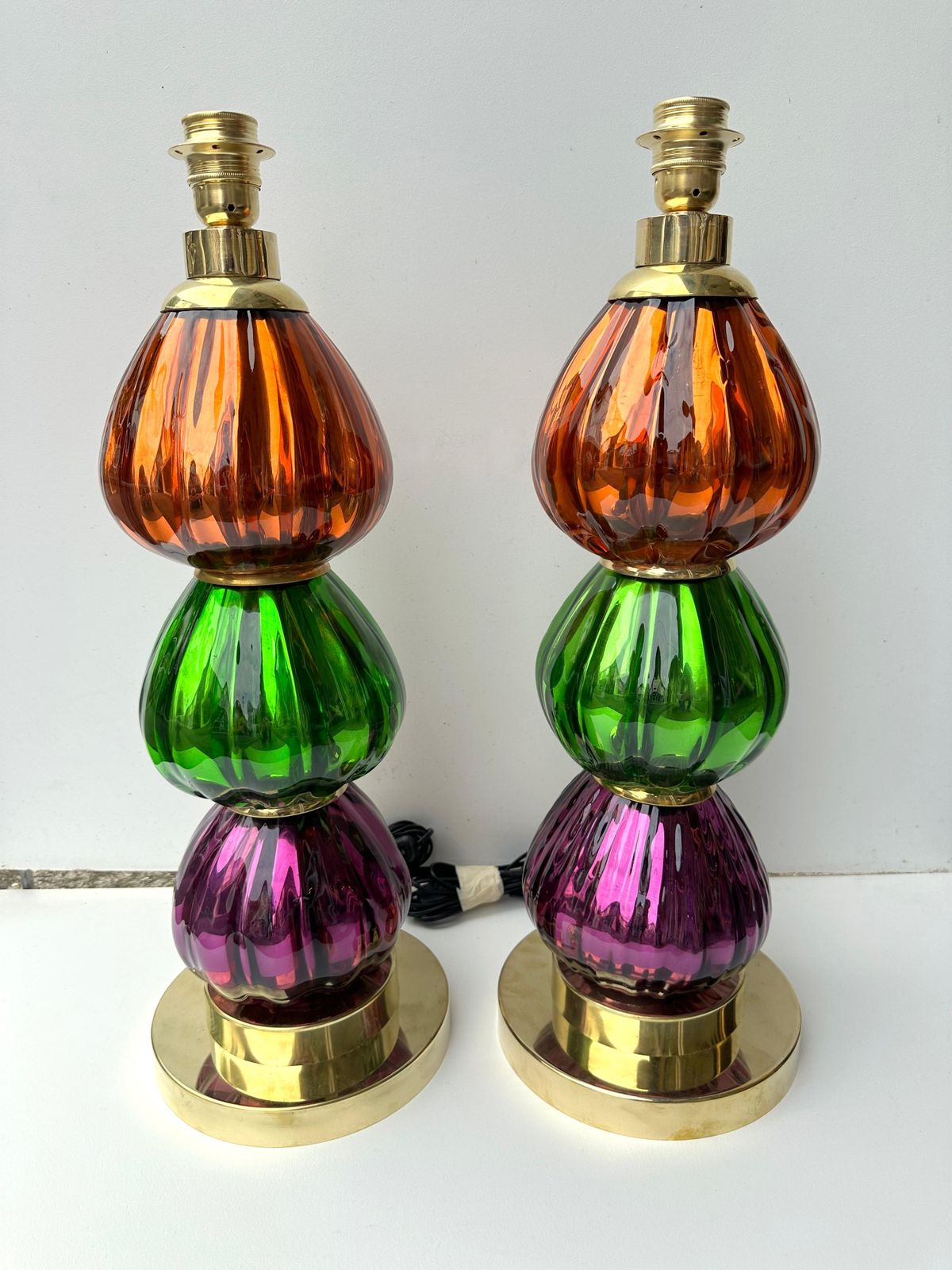 Contemporary Pair Of Brass And Colored Mirrored Murano Glass Lamps, Italy photo 4021.0