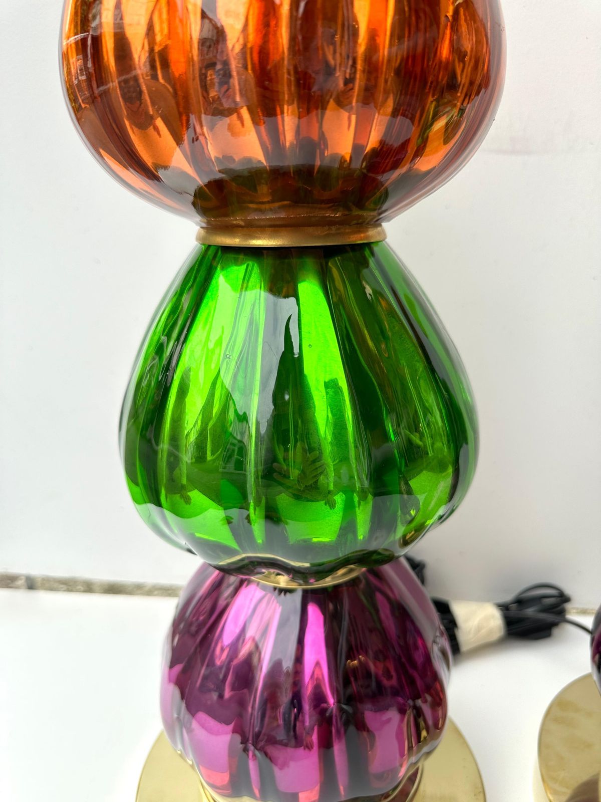 Contemporary Pair Of Brass And Colored Mirrored Murano Glass Lamps, Italy photo buy