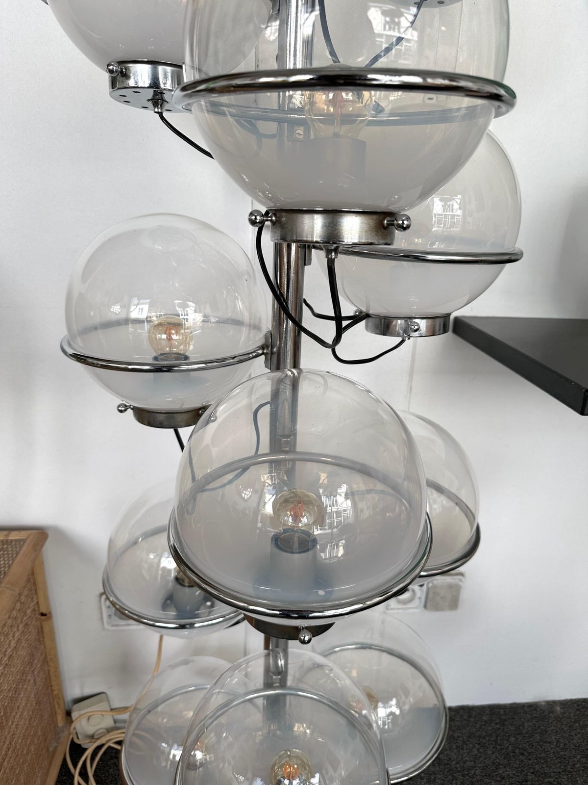 Large Floor Lamp Metal And White Smoke Glass Globe By Candle, Italy, 1970s photo vintage