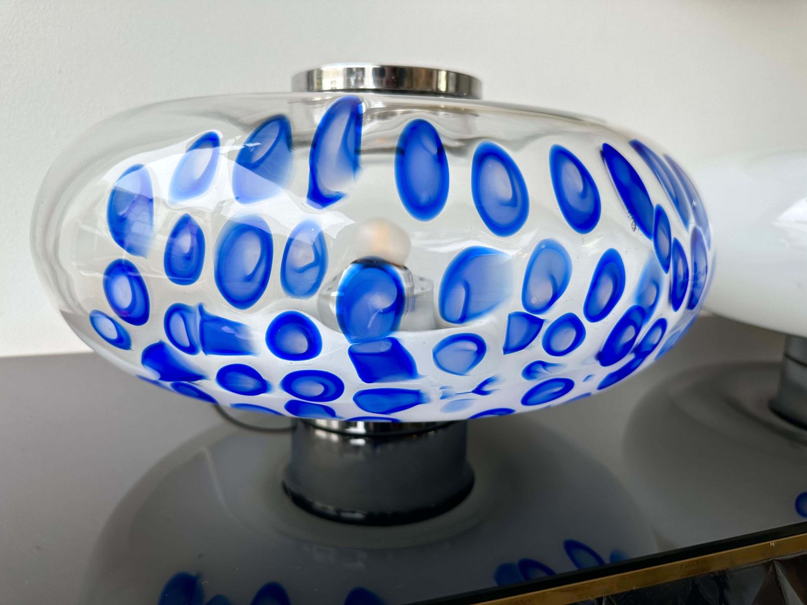 Midcentury Pair Of Murano Glass And Metal Ufo Lamps By Esperia, Italy, 1970s photo vintage
