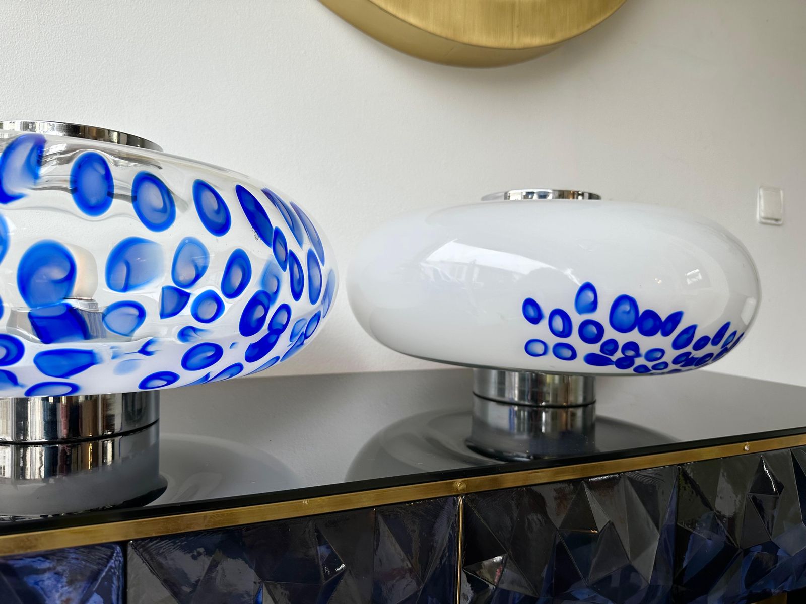 photo for sale Midcentury Pair Of Murano Glass And Metal Ufo Lamps By Esperia, Italy, 1970s