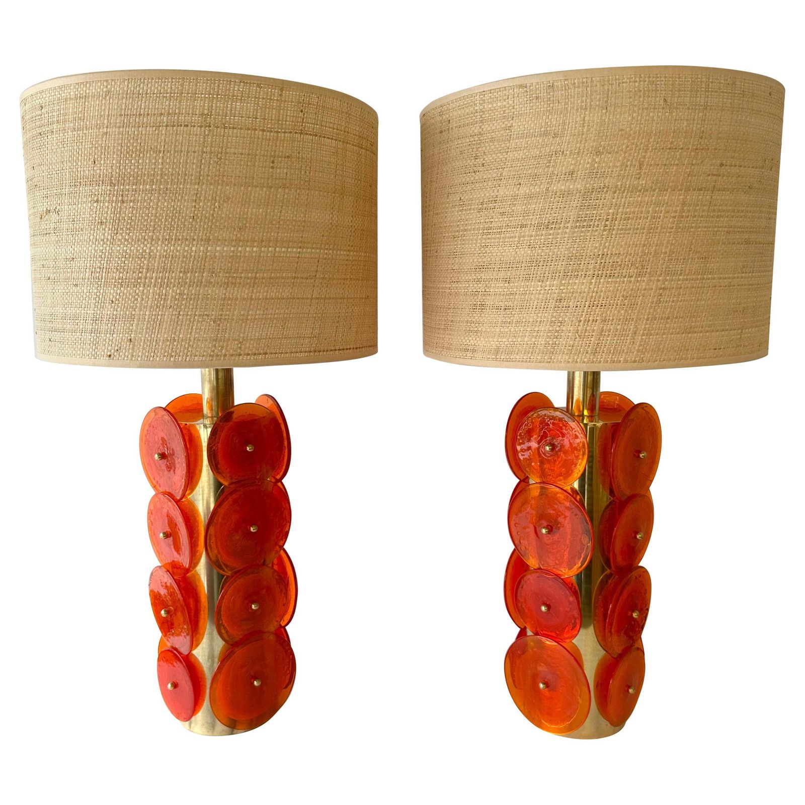 Contemporary Pair Of Brass Murano Glass Orange Disc Lamps, Italy