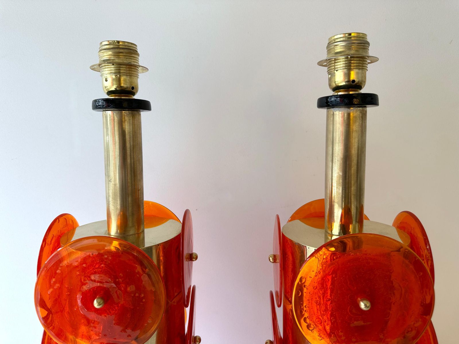 Contemporary Pair Of Brass Murano Glass Orange Disc Lamps, Italy photo 4105.0