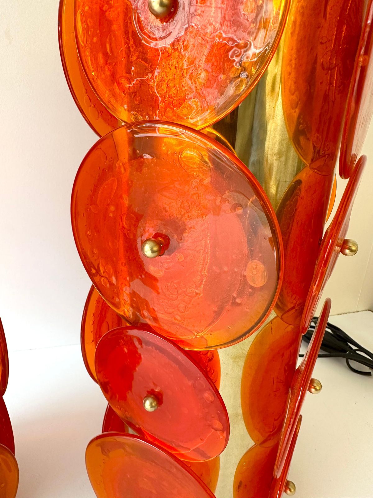 photo for sale Contemporary Pair Of Brass Murano Glass Orange Disc Lamps, Italy