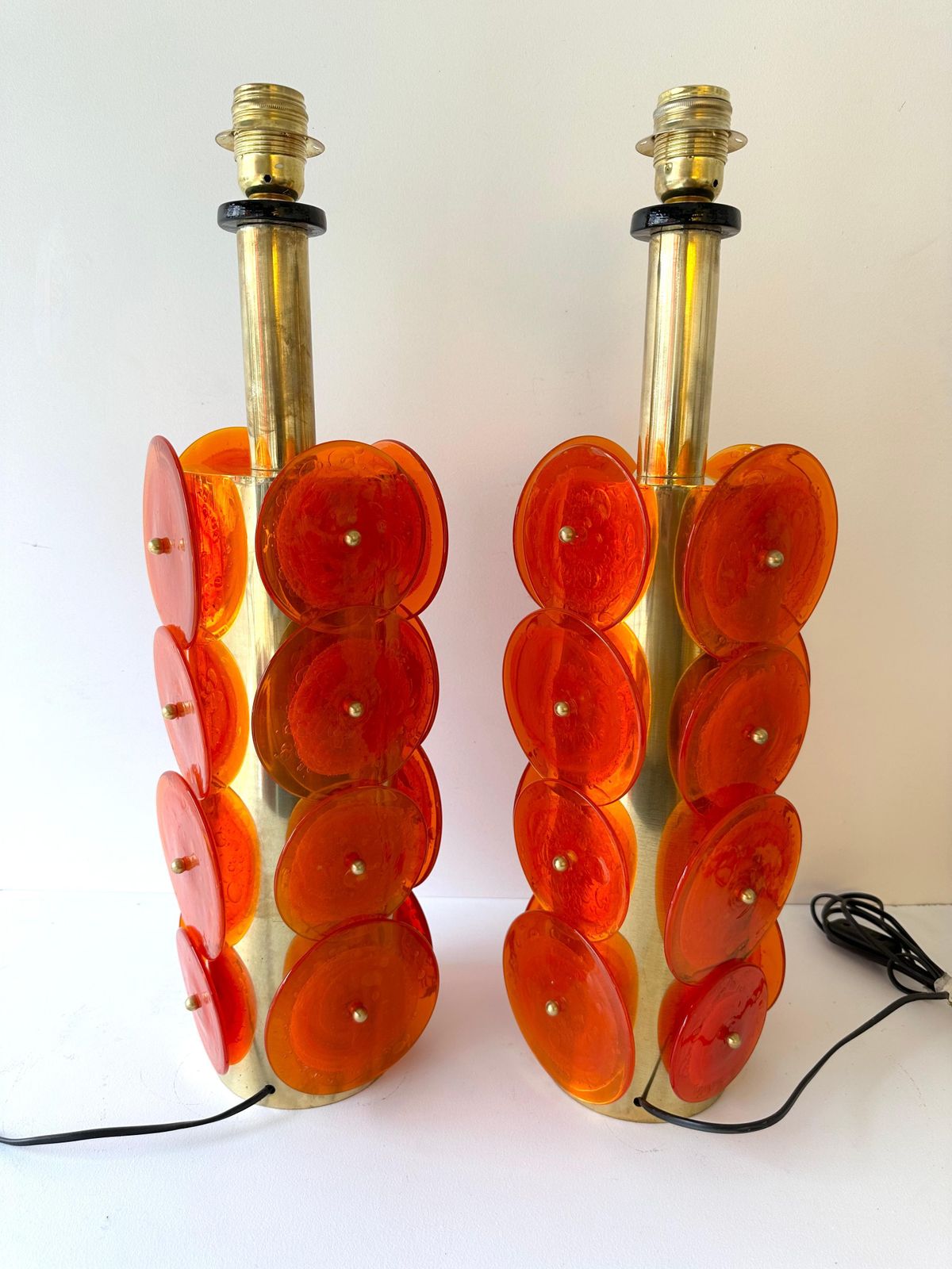 photo buy Contemporary Pair Of Brass Murano Glass Orange Disc Lamps, Italy