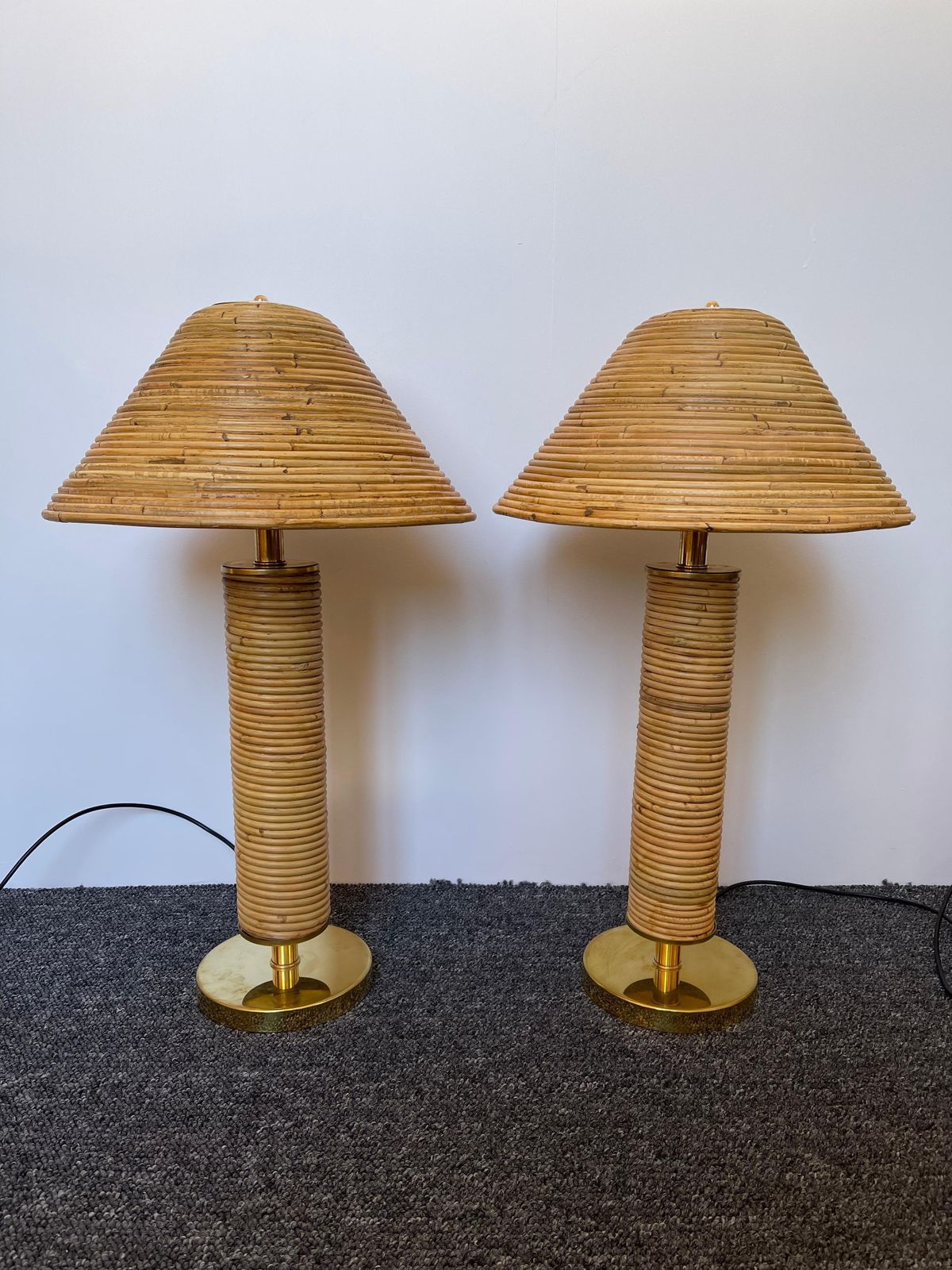 Pair Of Rattan And Brass Lamps, Italy photo for sale